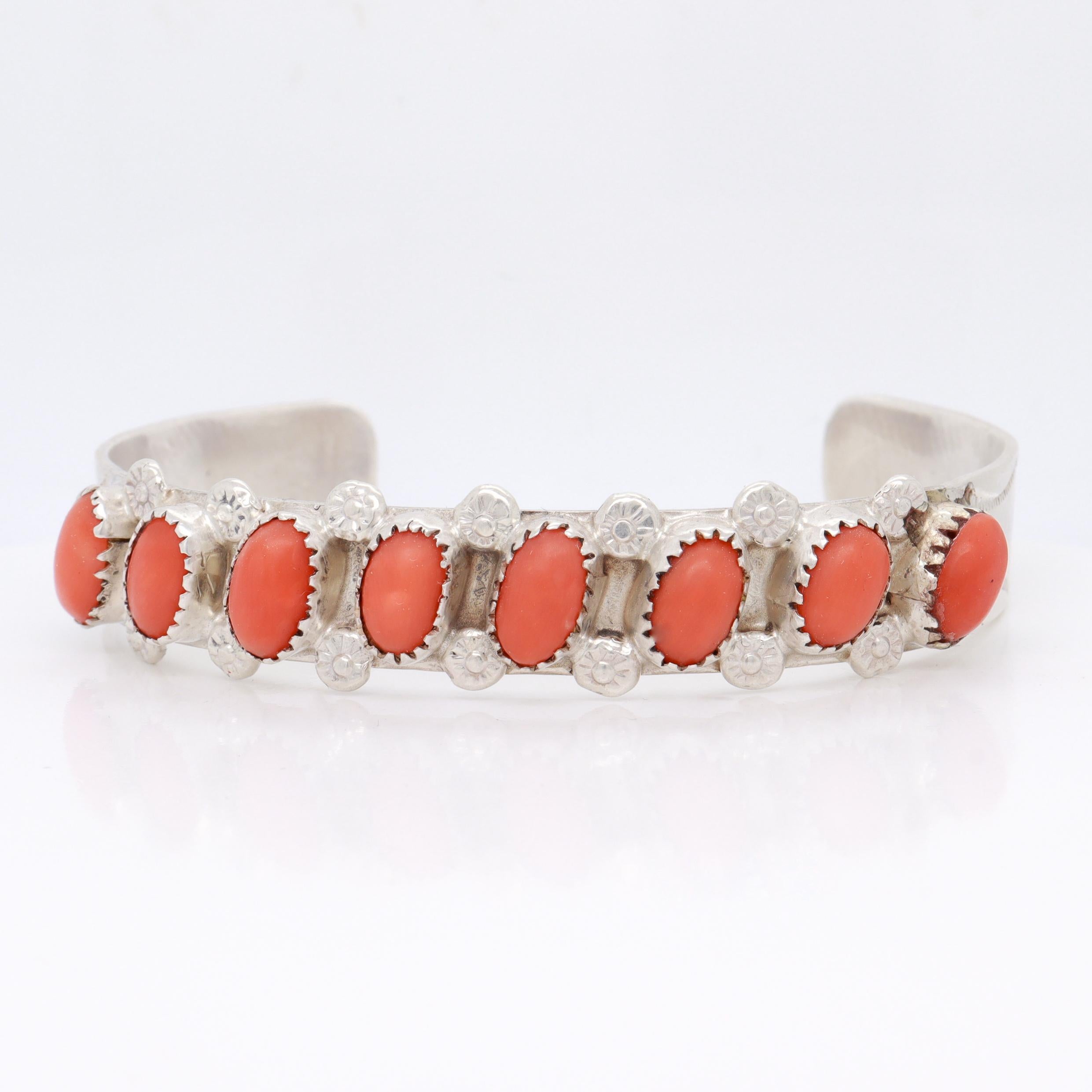 Signed PD Coonsis Zuni Silver & Coral Cabochon Cuff Bracelet For Sale 2