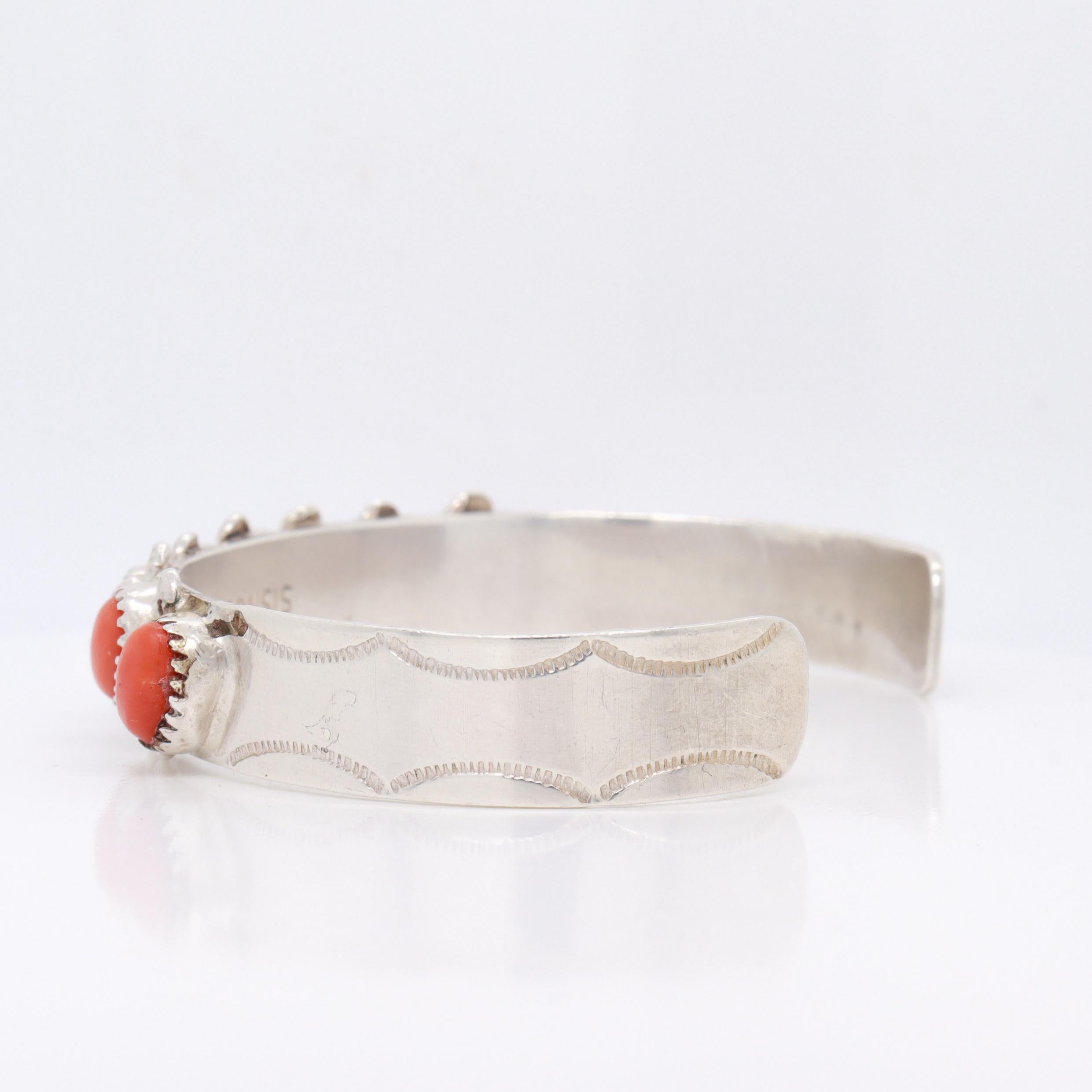 Signed PD Coonsis Zuni Silver & Coral Cabochon Cuff Bracelet For Sale 3