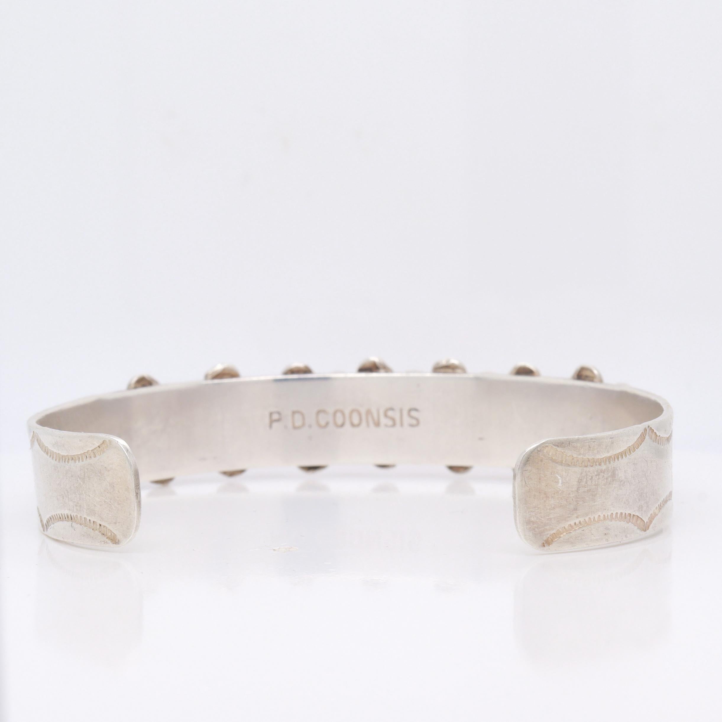 Signed PD Coonsis Zuni Silver & Coral Cabochon Cuff Bracelet For Sale 4