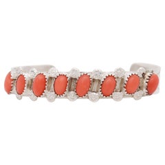 Signed PD Coonsis Zuni Silver & Coral Cabochon Cuff Bracelet