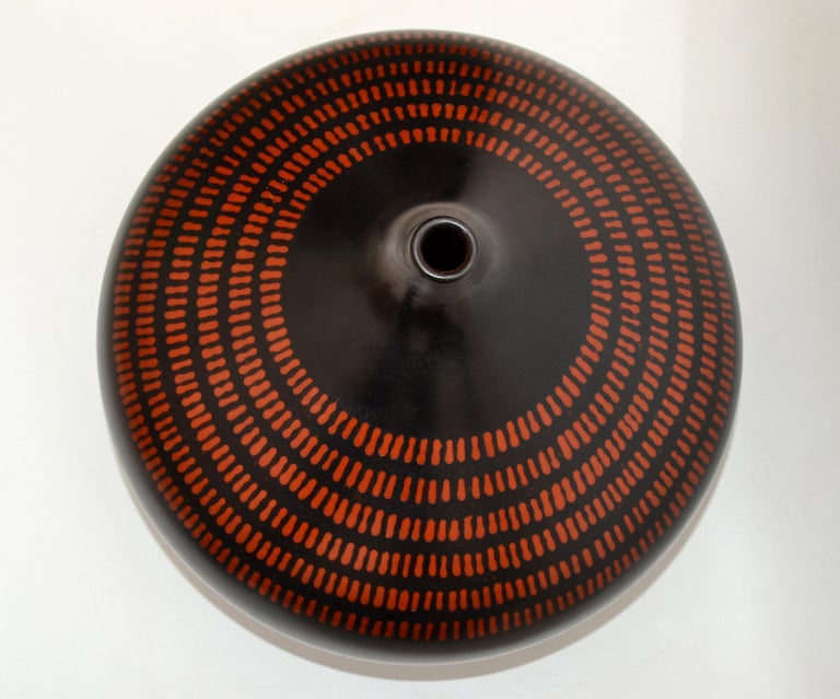 Mid-Century Modern Signed Peruvian Urn Shape Studio Piece Black & Brown Ceramic Vase, Pottery For Sale
