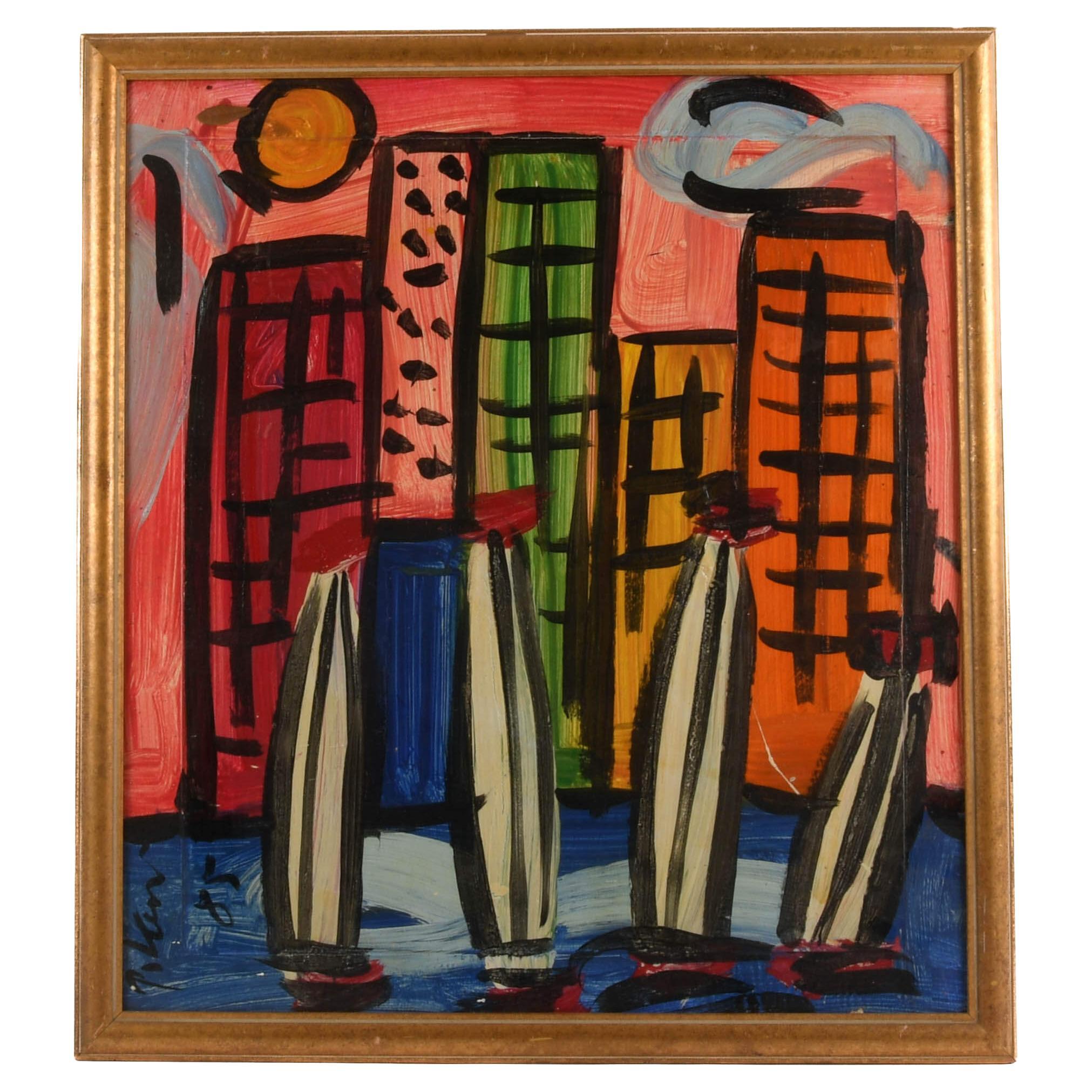 Firmado Peter Keil "Barcos, edificios y pinceladas" Técnica mixta en venta