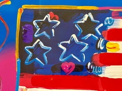 Signed Peter Max "Flag With Heart" Original Painting