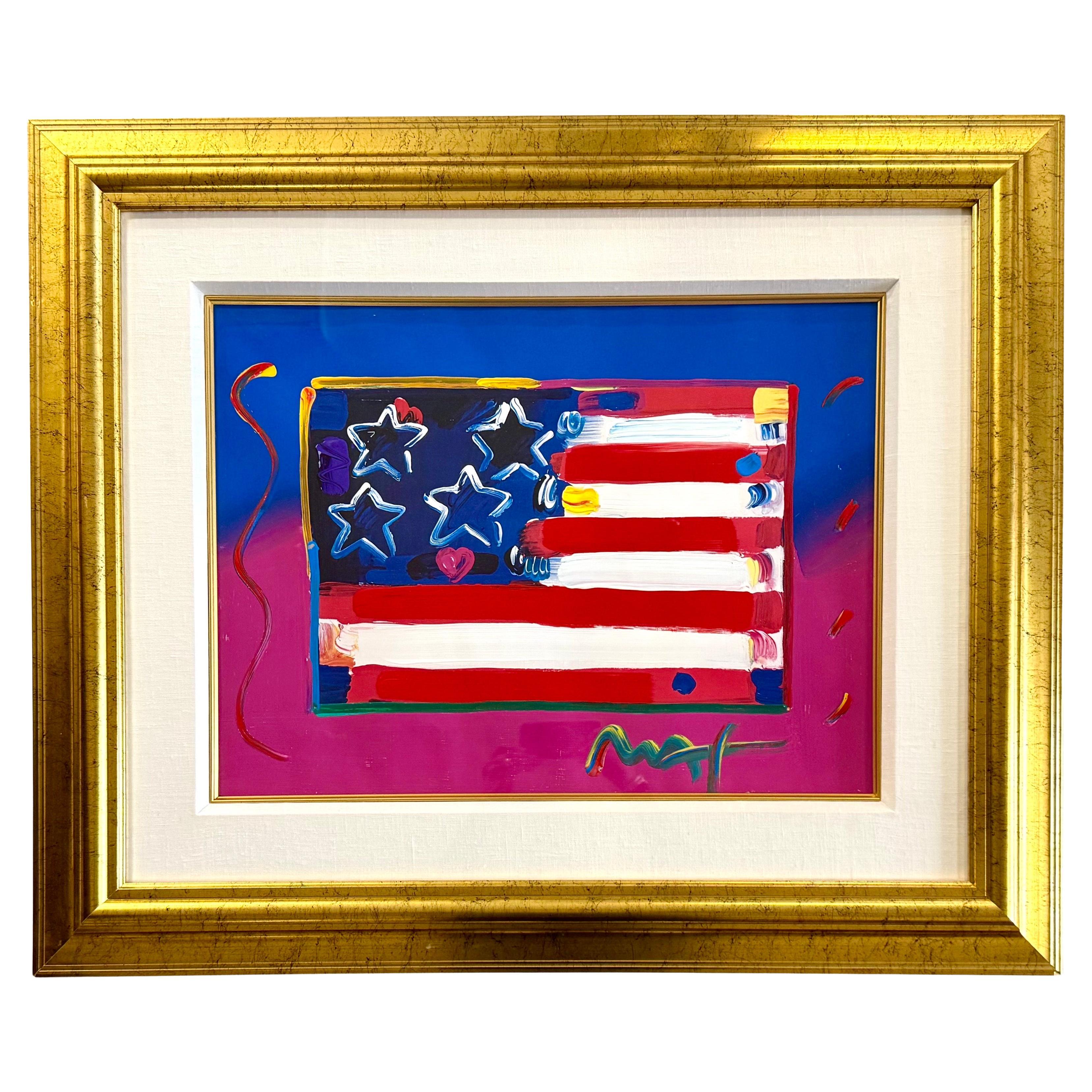 Signed Peter Max "Flag With Heart" Original Painting For Sale