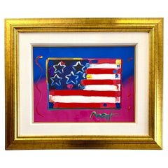Signed Peter Max "Flag With Heart" Original Painting