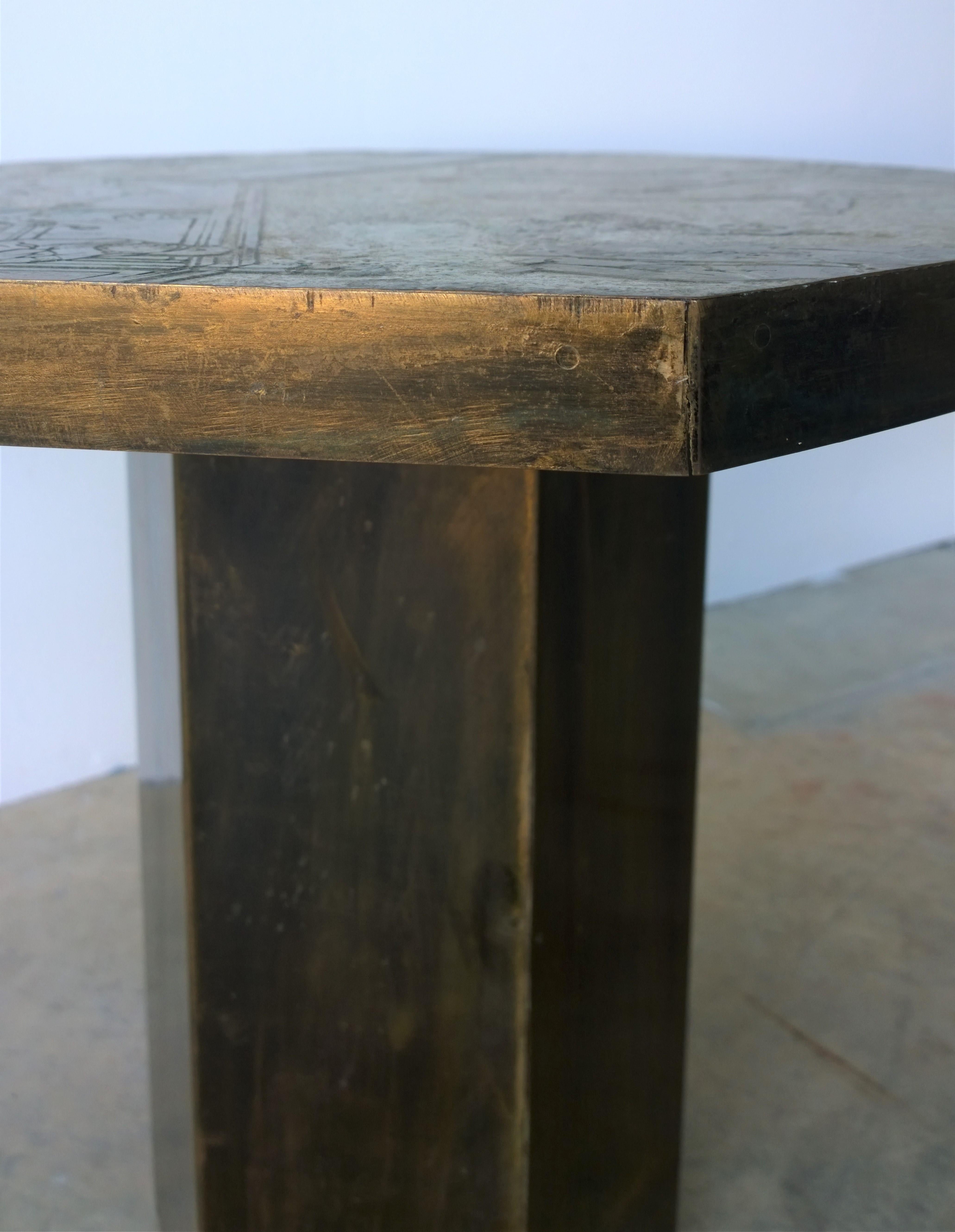 Philip and Kelvin LaVerne Octagonal Etched Enameled Bronze Tao Side/ End Table For Sale 7