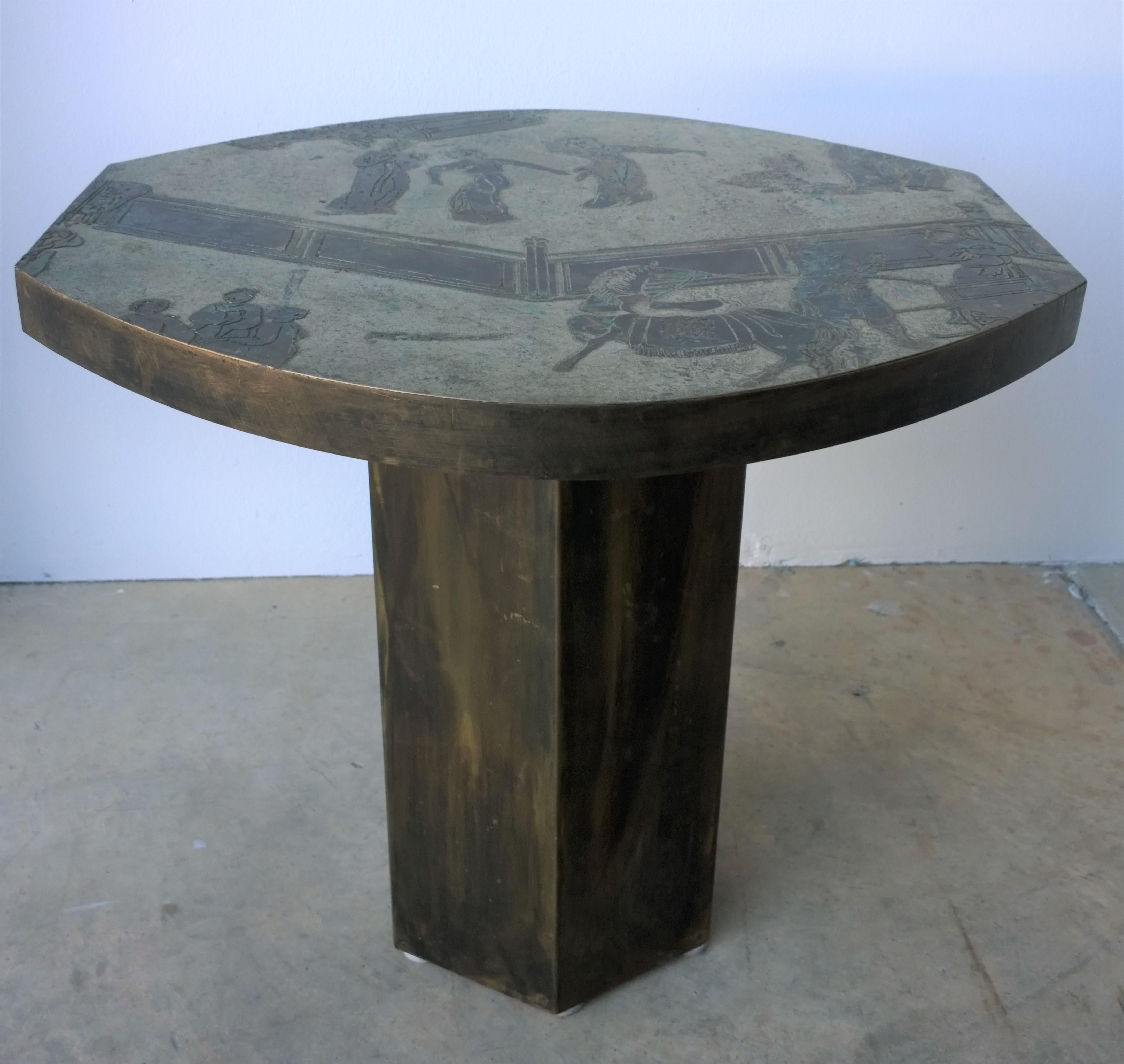 Offered is a signed Mid-Century Modern Philip and Kelvin LaVerne octagonal etched with Asian / chinoiserie theme enameled bronze top and patinated brass pedestal leg 