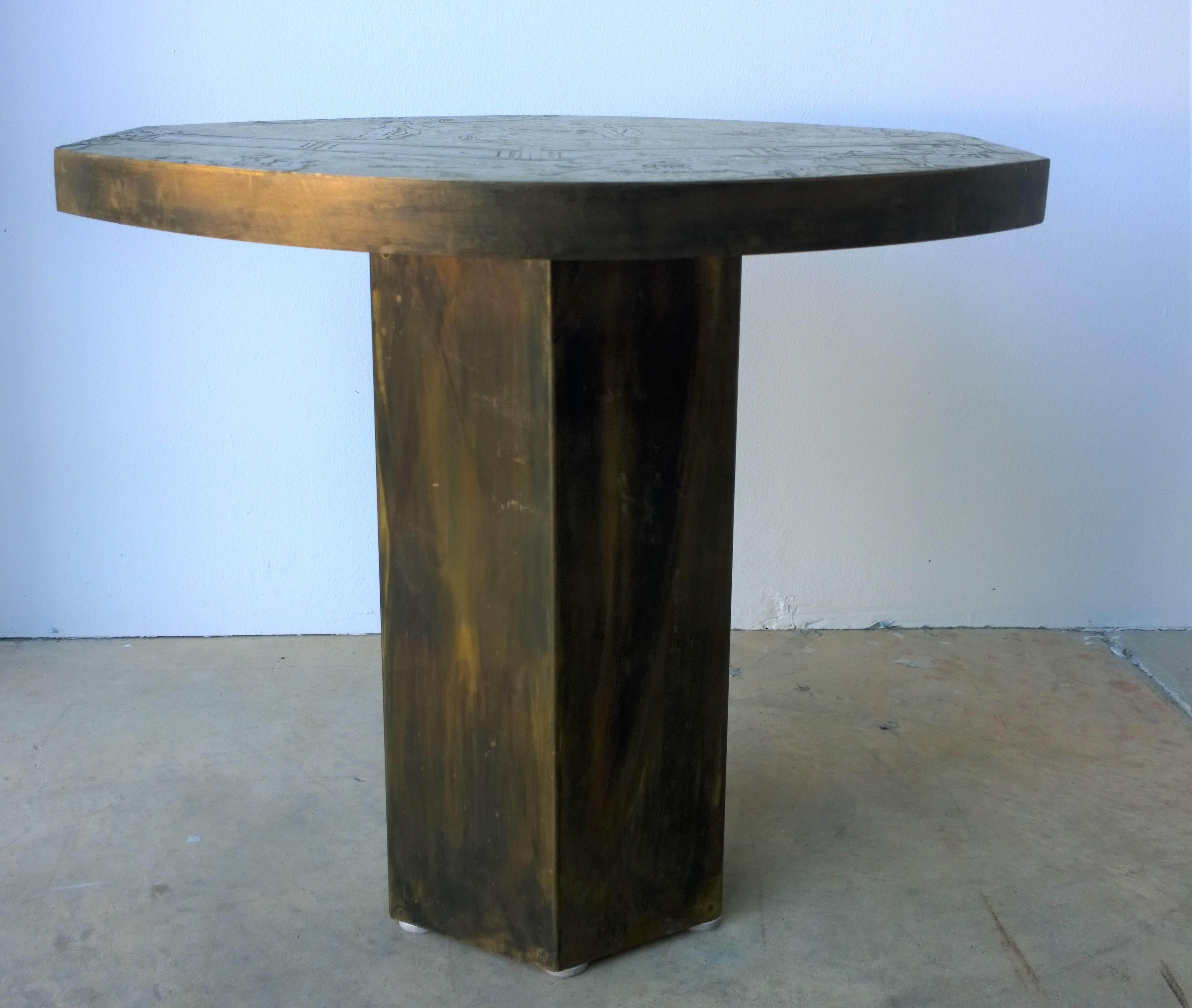 Mid-Century Modern Philip and Kelvin LaVerne Octagonal Etched Enameled Bronze Tao Side/ End Table For Sale