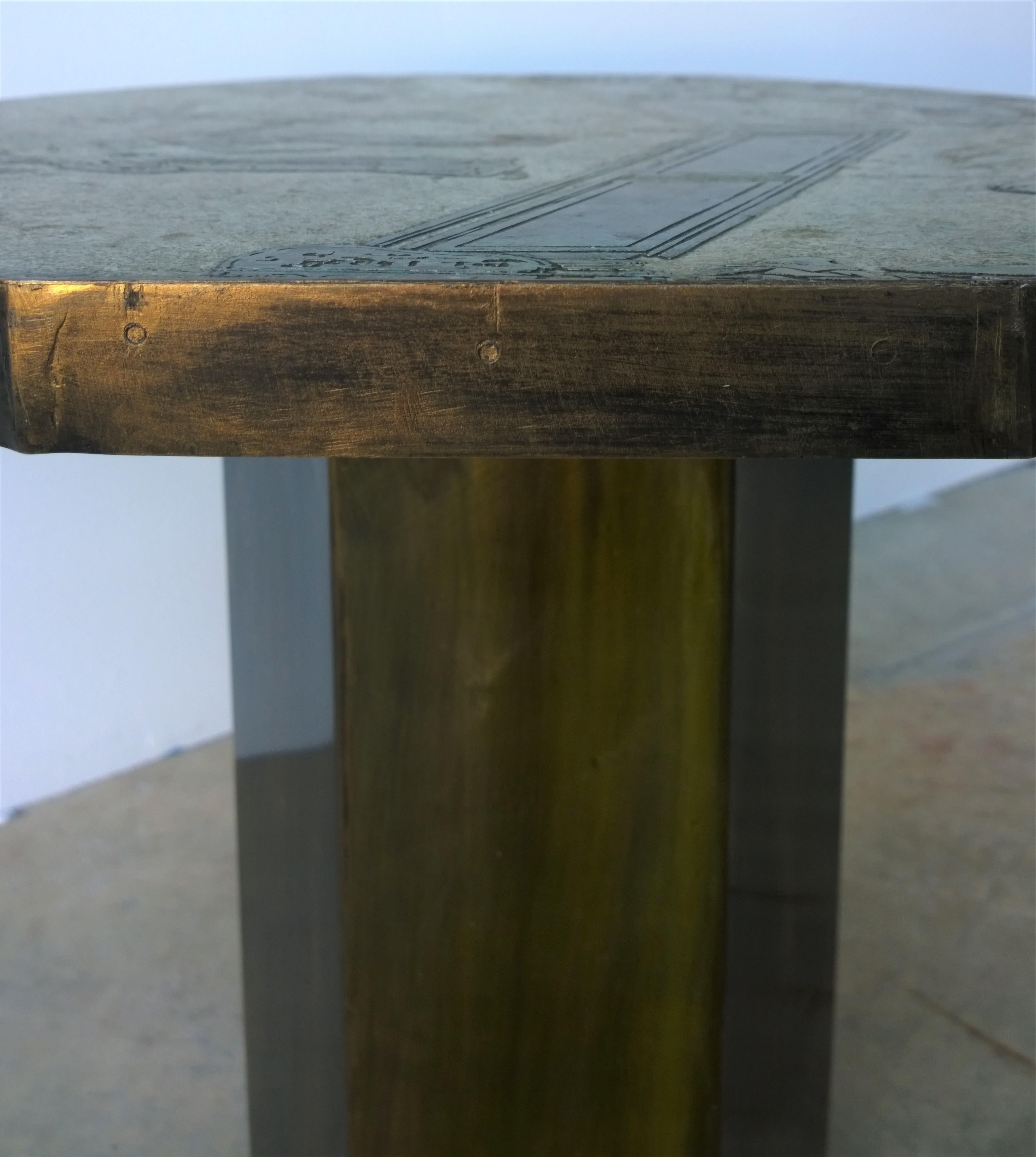Philip and Kelvin LaVerne Octagonal Etched Enameled Bronze Tao Side/ End Table For Sale 4