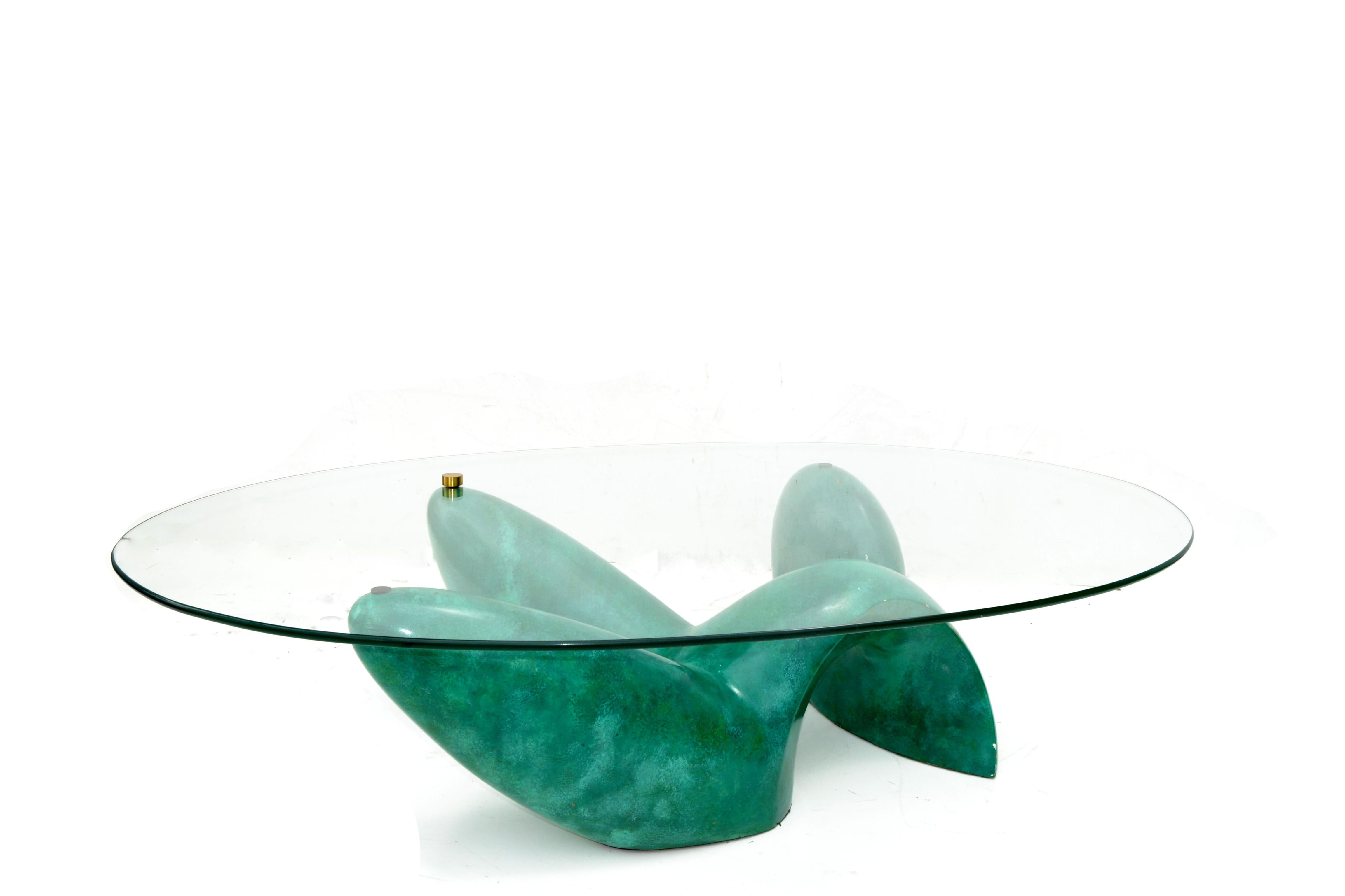 Mid-Century Modern Signed Philippe Jean “ Leda “Coffee Table Abstract Green Base for Maison Jansen  For Sale