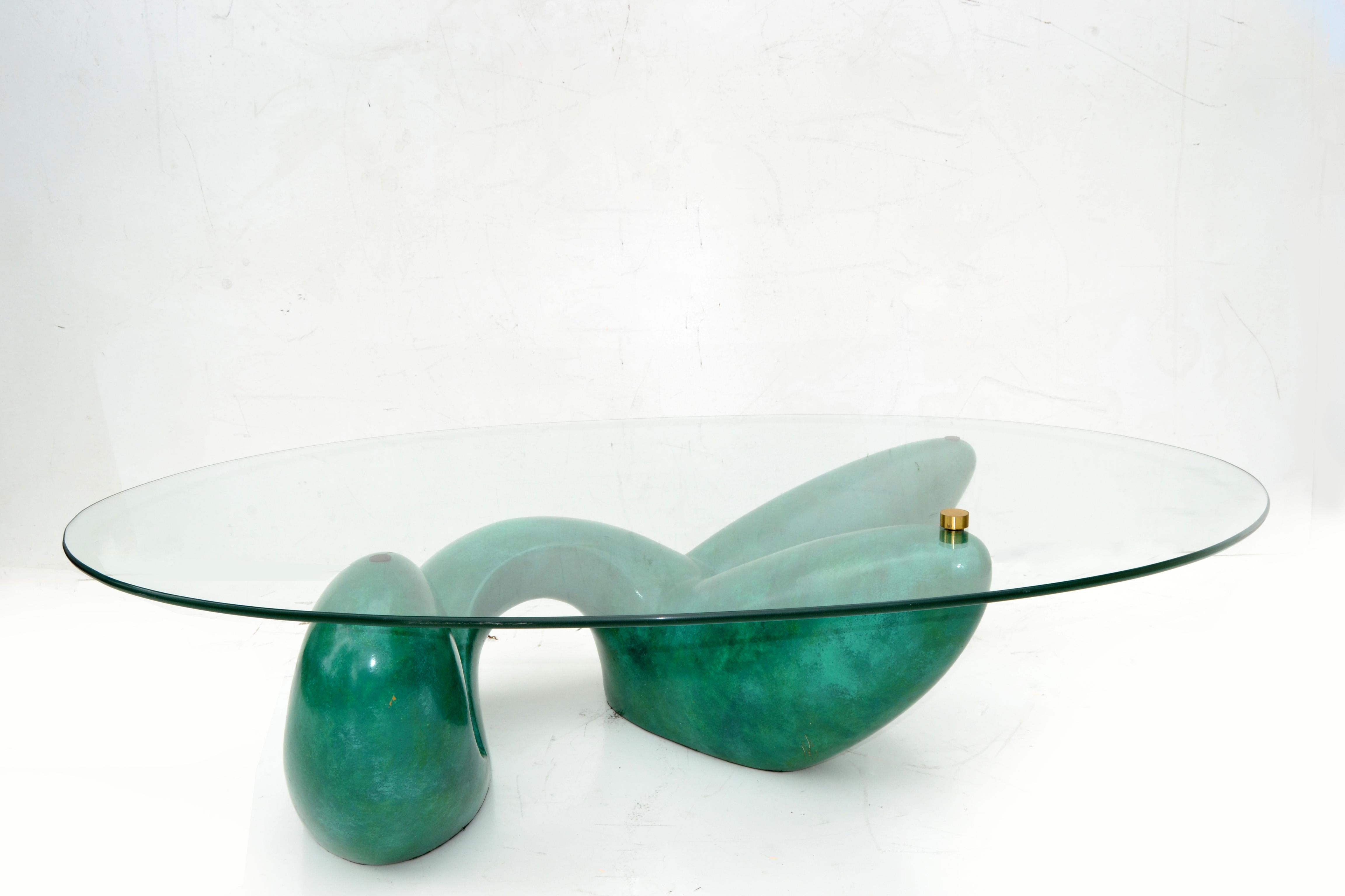 French Signed Philippe Jean “ Leda “Coffee Table Abstract Green Base for Maison Jansen  For Sale