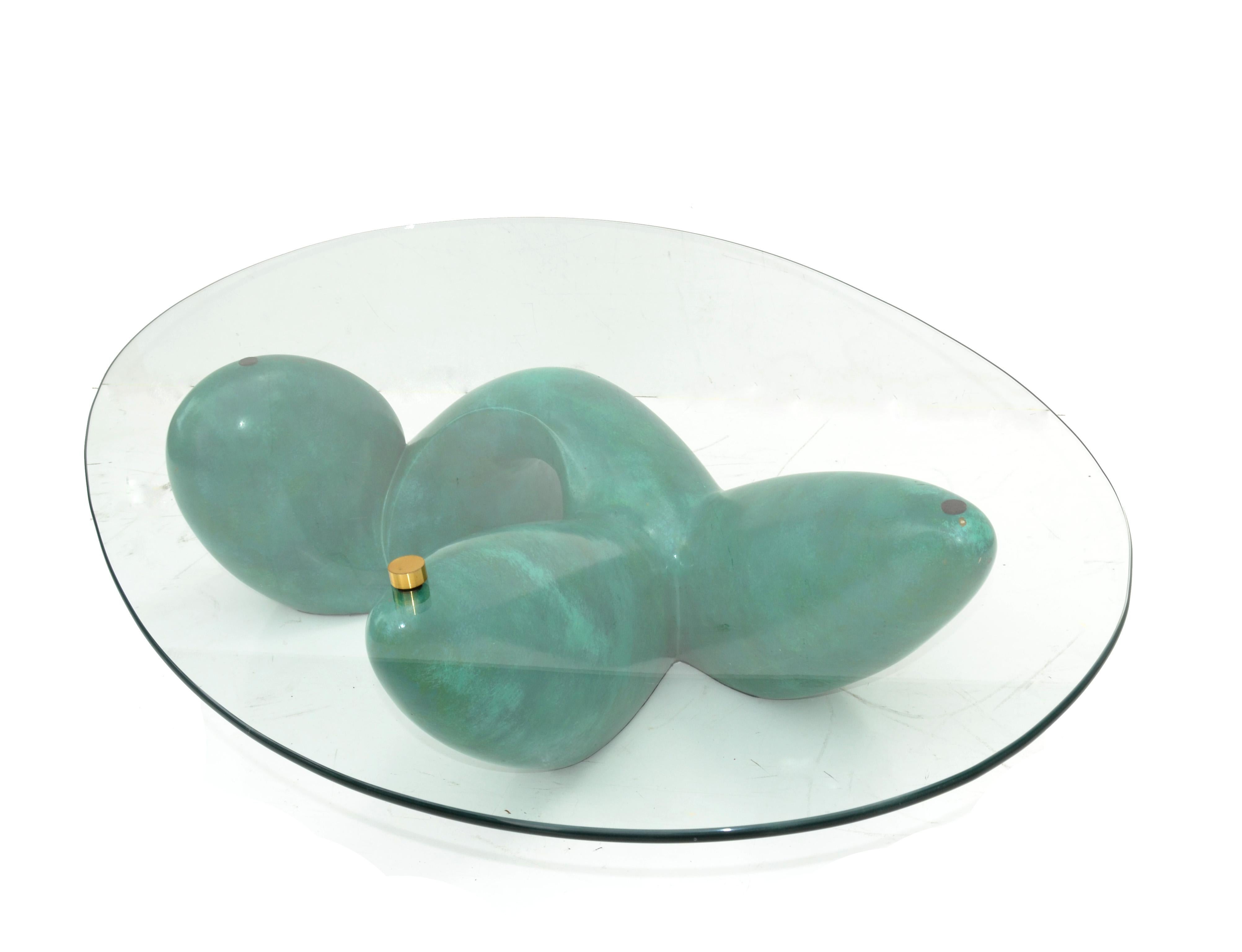 Signed Philippe Jean “ Leda “Coffee Table Abstract Green Base for Maison Jansen  In Good Condition For Sale In Miami, FL