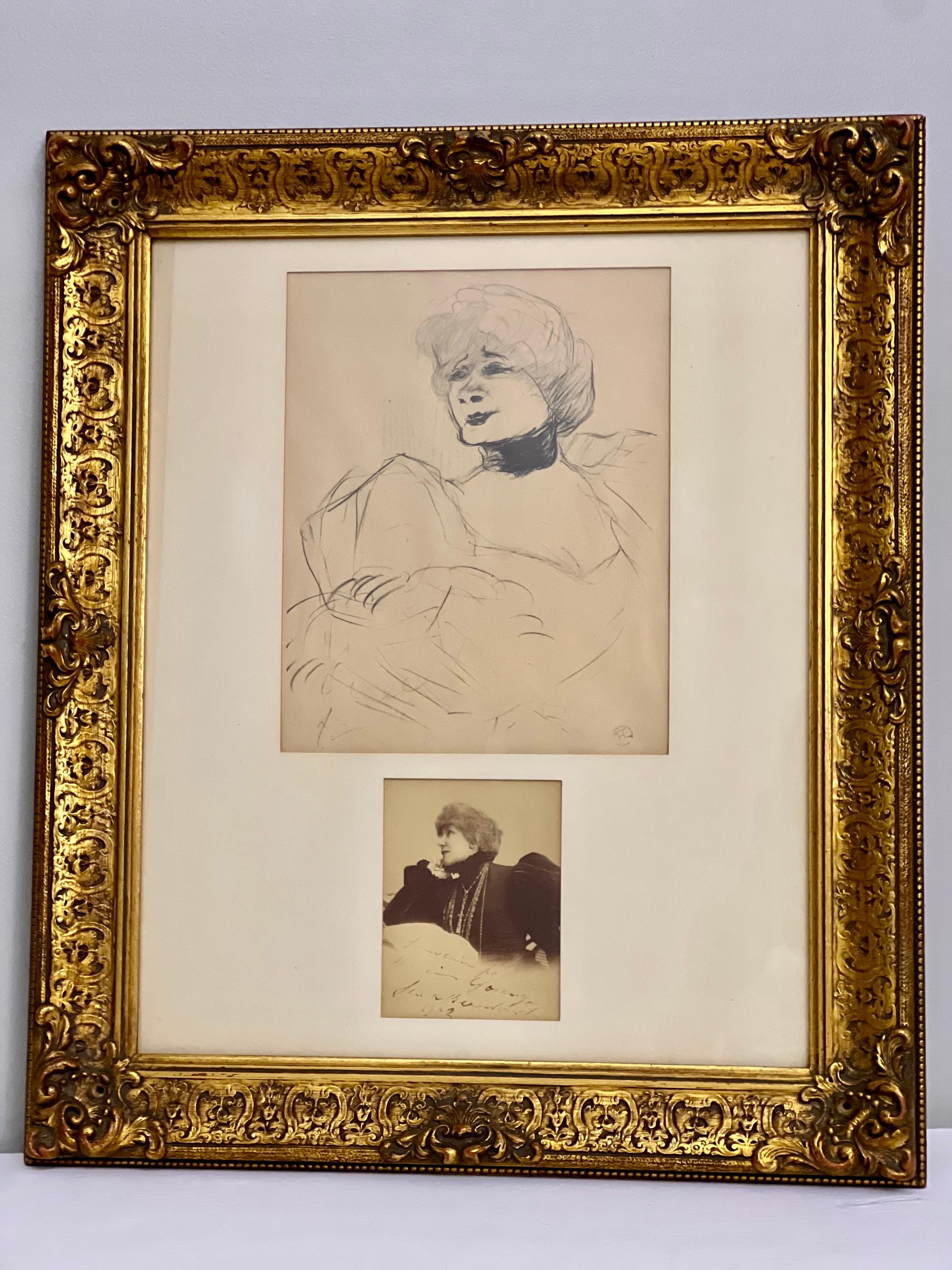 Unique giltwood framed display of a signed photo of Sarah Bernhardt accompanied by a lithographic etching of Marcelle Lender by Henri de Toulouse-Lautrec (1864-1901).  Both ladies were highly celebrated performers in French theater during the same