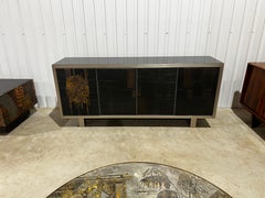 Signed Pia Manu Brutalist Ceramic Relief Sideboard Credenza w Smoked Glass Top