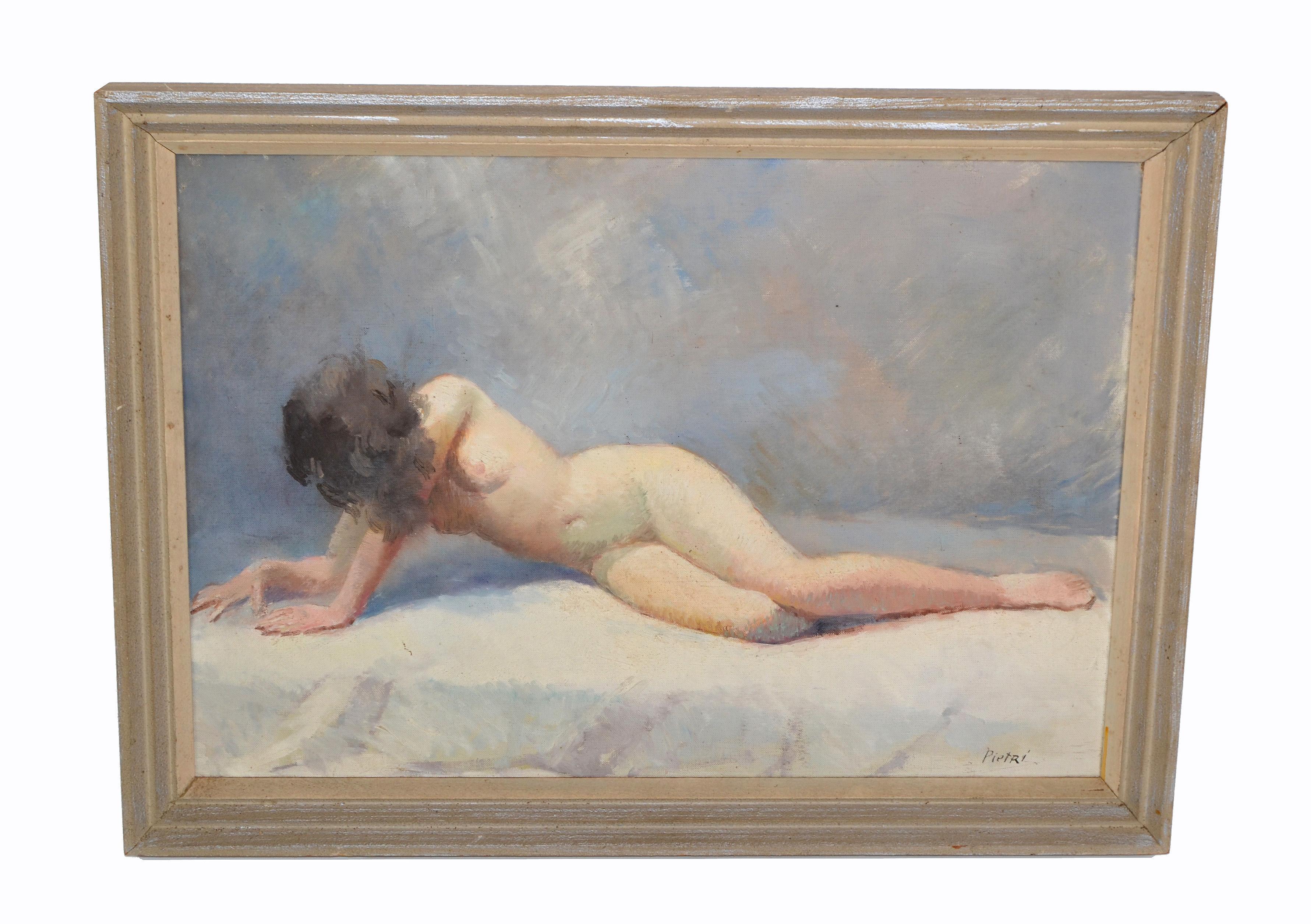 Signed Pietri French Mid-Century Modern Framed Oil Painting Resting Nude Woman For Sale 4