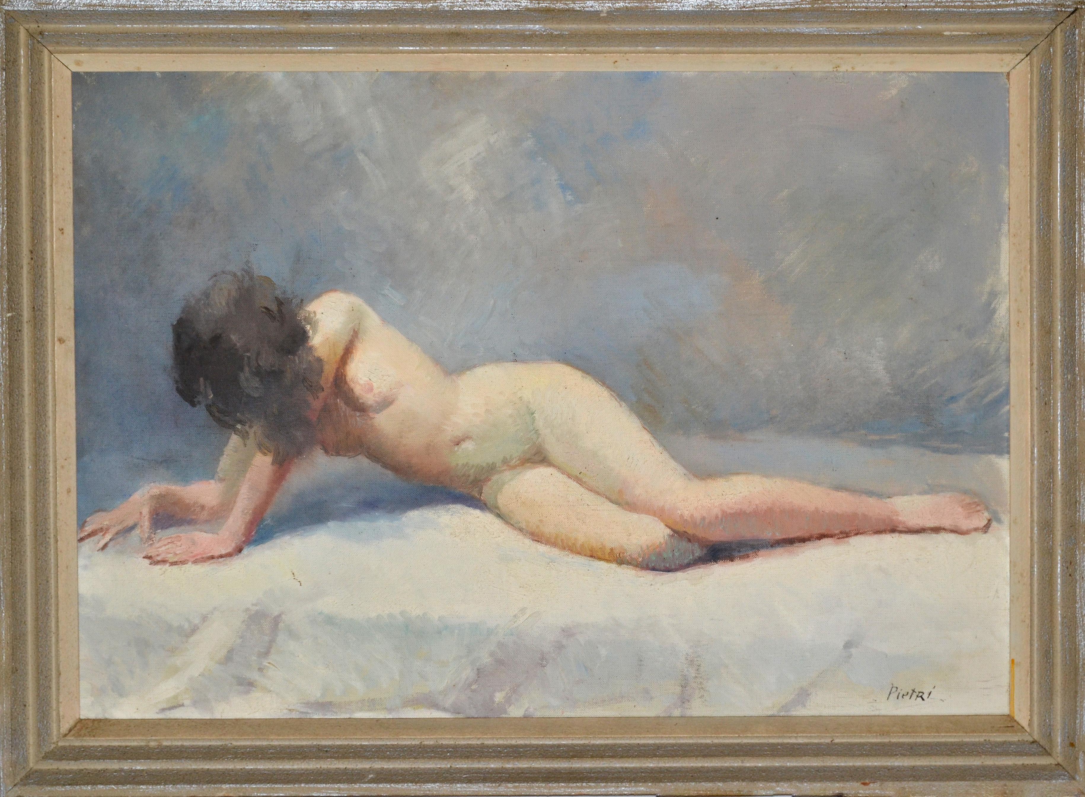 Signed Pietri French Mid-Century Modern framed oil painting resting nude woman.
Traditionally those paintings were hung above the bed in a master bedroom in France.
Original signature by Artist Pietri.
Size of painting: 17.25 x 25 inches.