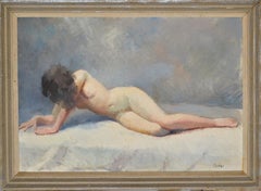Signed Pietri French Mid-Century Modern Framed Oil Painting Resting Nude Woman