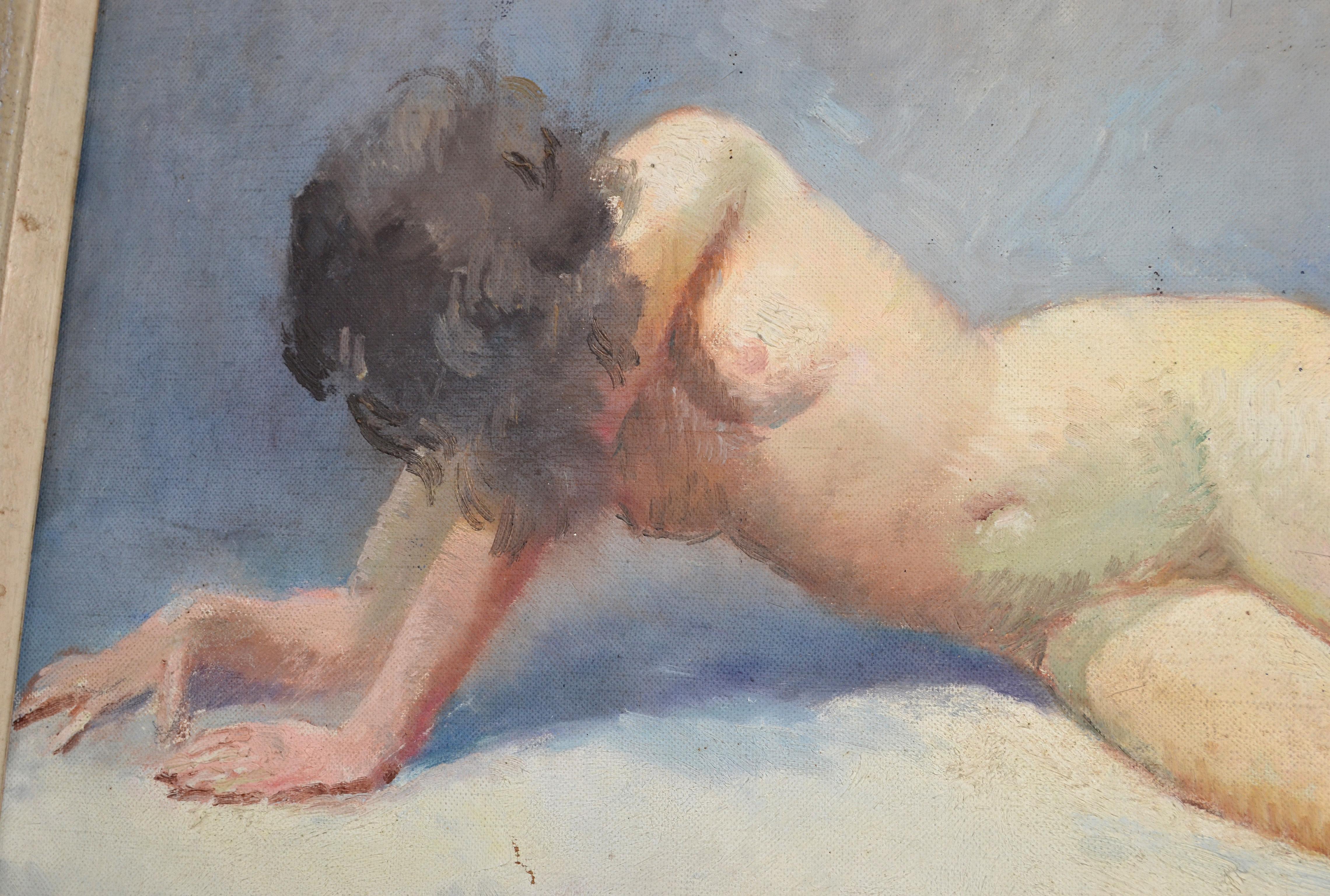 Mid-Century moderno Firmato Pietri Pittura ad olio francese della metà del secolo scorso incorniciata: Donna nuda che riposa in vendita