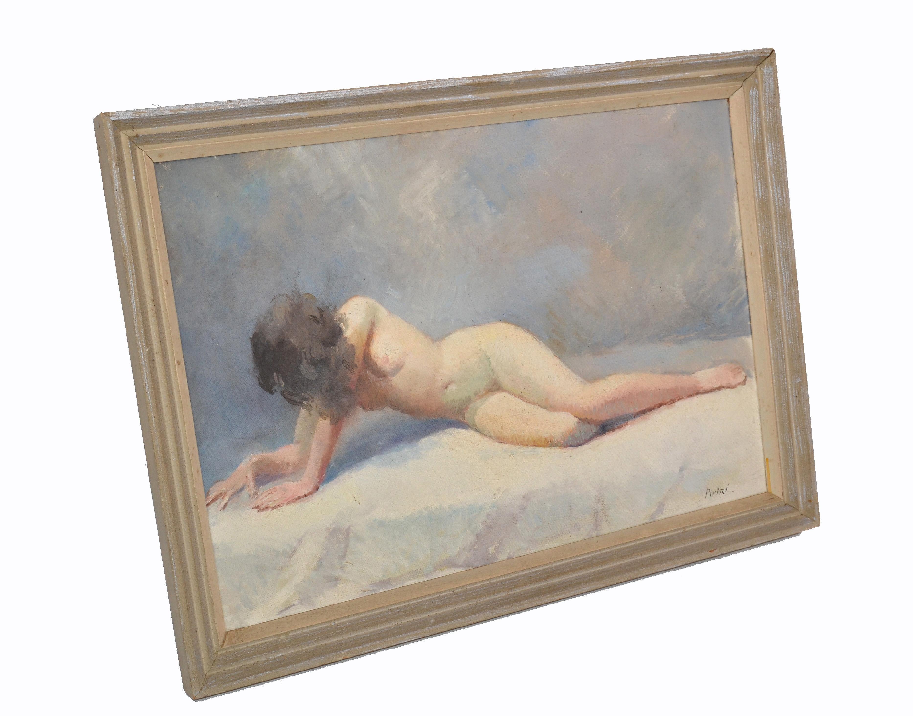 Signed Pietri French Mid-Century Modern Framed Oil Painting Resting Nude Woman In Good Condition For Sale In Miami, FL