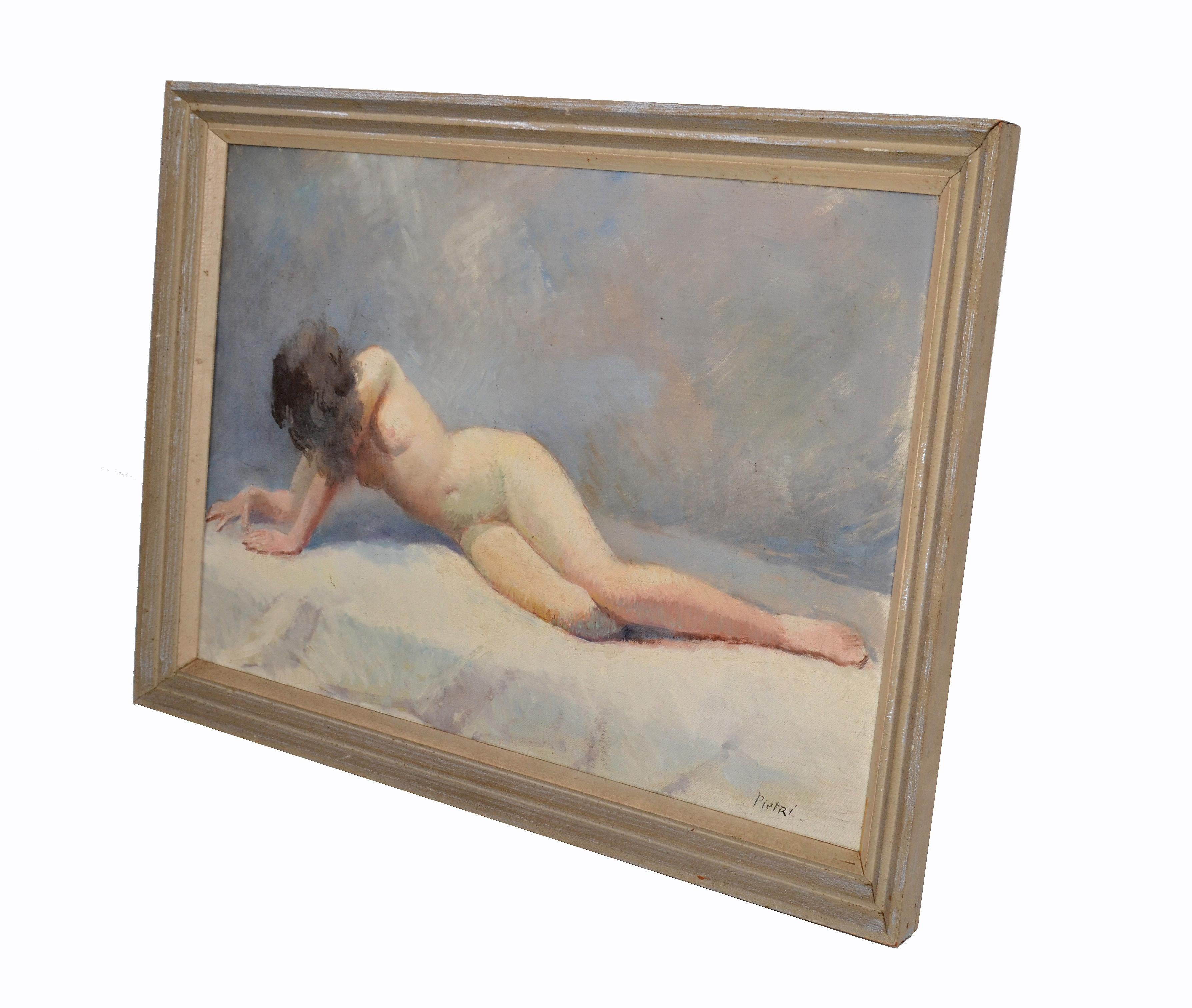 20th Century Signed Pietri French Mid-Century Modern Framed Oil Painting Resting Nude Woman For Sale