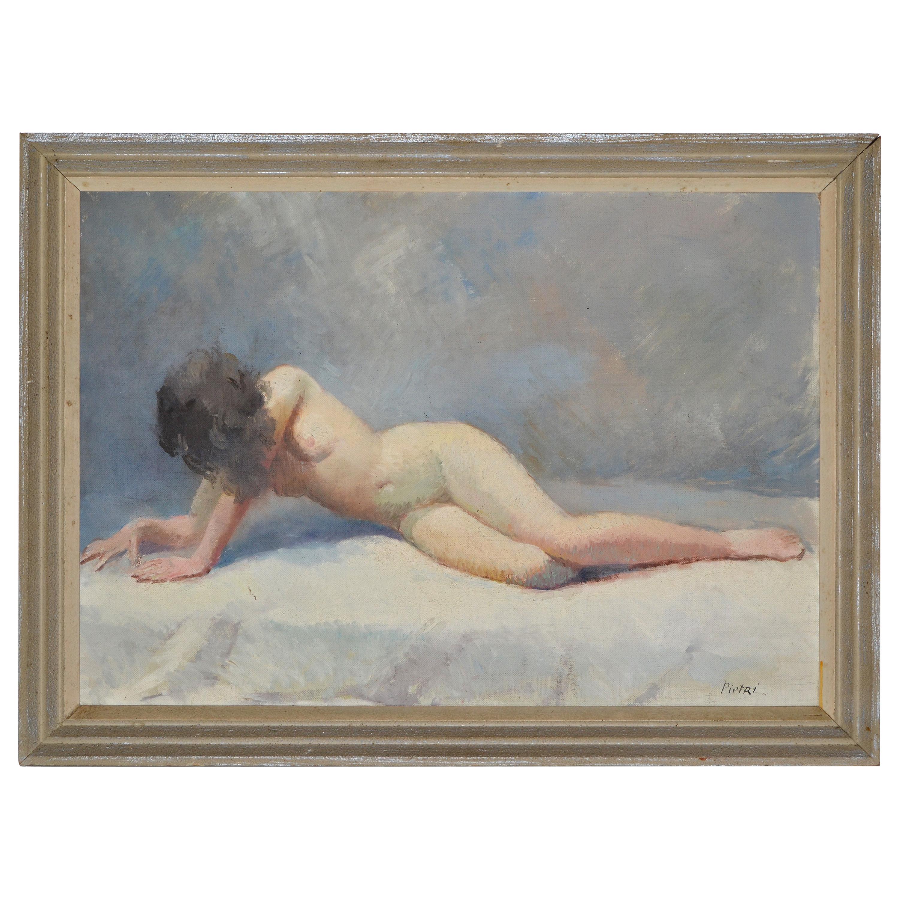 Signé Pietri - Peinture à l'huile encadrée - Femme nue au repos - Moderne du milieu du siècle