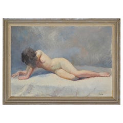 Signed Pietri French Mid-Century Modern Framed Oil Painting Resting Nude Woman