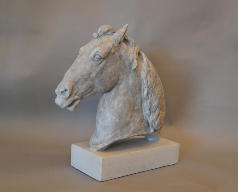 Signed Plaster Horse Head Sculpture on Wooden Base, 1961 For Sale at