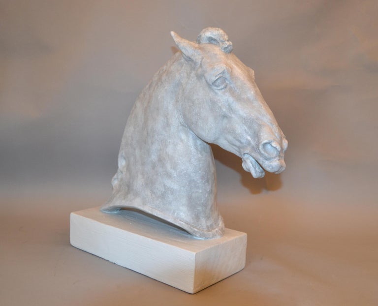 Signed Plaster Horse Head Sculpture on Wooden Base, 1961 For Sale at