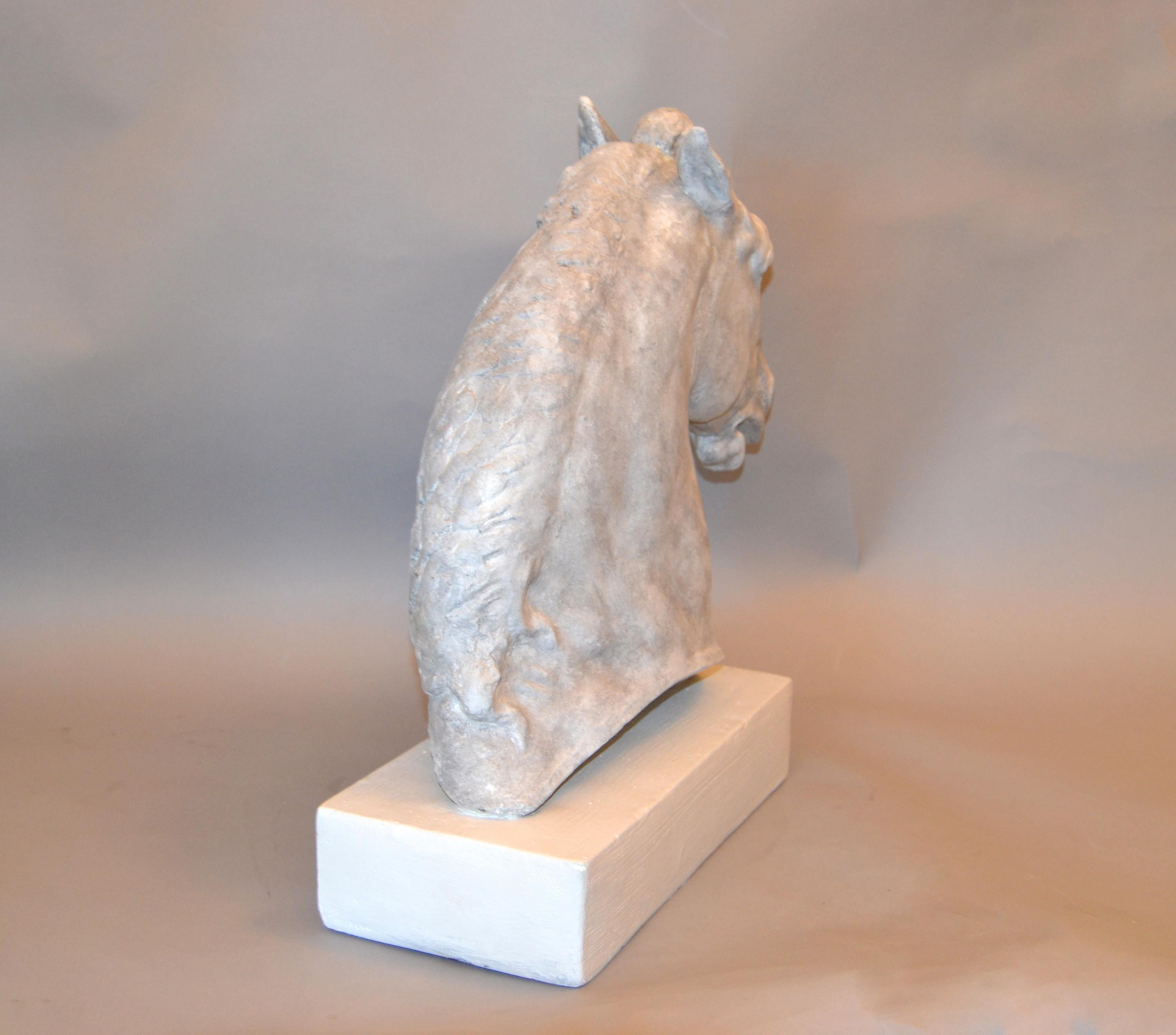 American Signed Plaster Horse Head Sculpture on Wooden Base, 1961