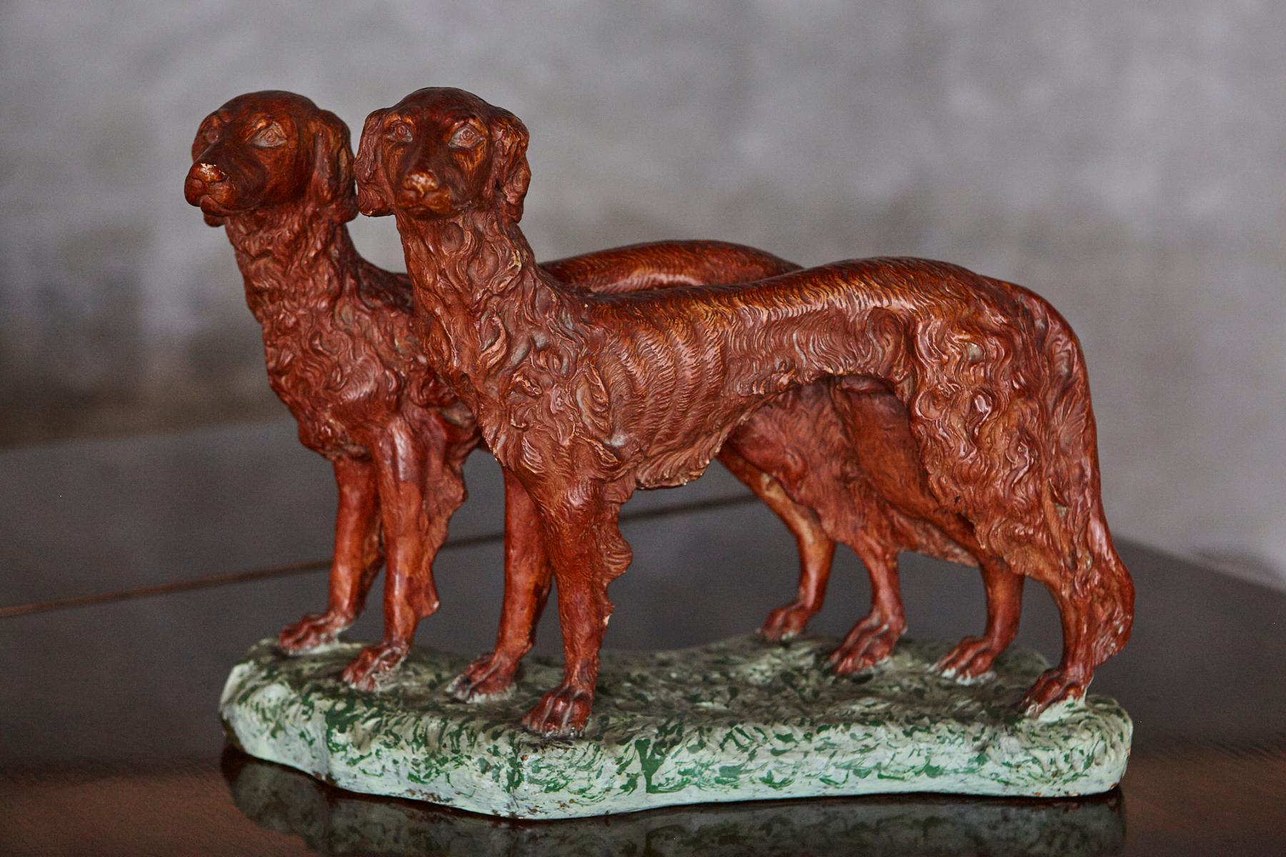 Art Nouveau Signed Plaster Sculpture two Hunting Dogs, early 20th Century For Sale