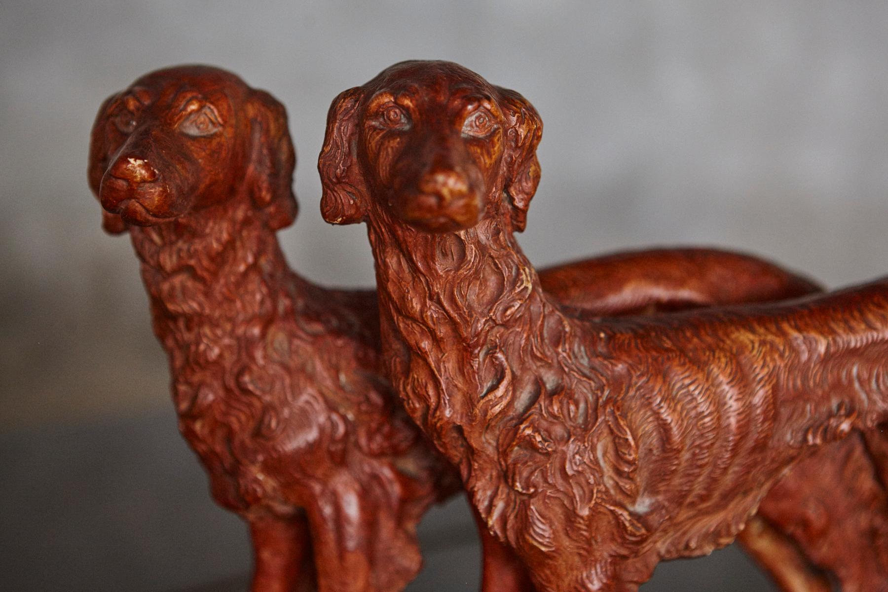 French Signed Plaster Sculpture two Hunting Dogs, early 20th Century For Sale