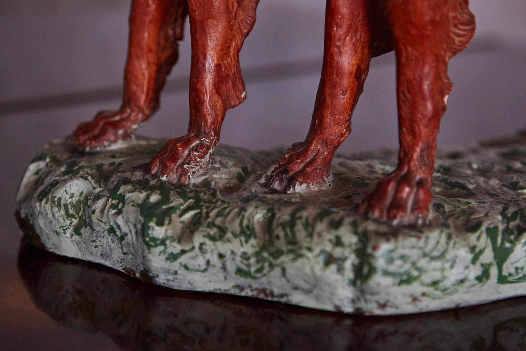 Hand-Painted Signed Plaster Sculpture two Hunting Dogs, early 20th Century For Sale