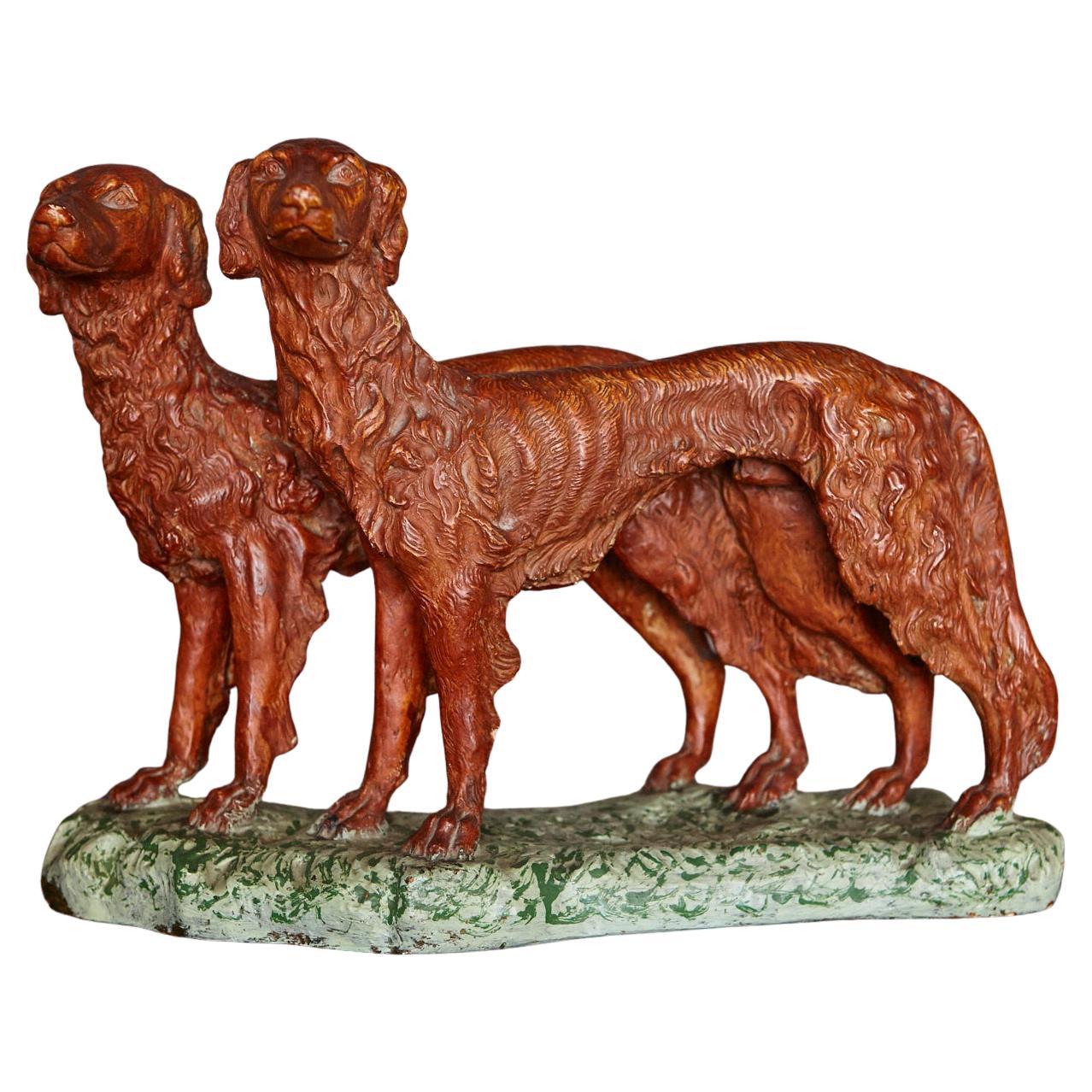 Signed Plaster Sculpture two Hunting Dogs, early 20th Century For Sale