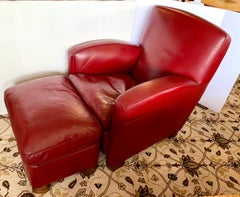 Signed Poltrona Frau Taberin Merlot Leather Chair & Matching Ottoman
