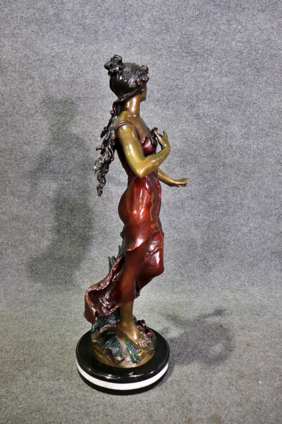 Signed Polychromed Bronze Sculpture of Woman in a Dress after Auguste Moreau In Good Condition For Sale In Swedesboro, NJ