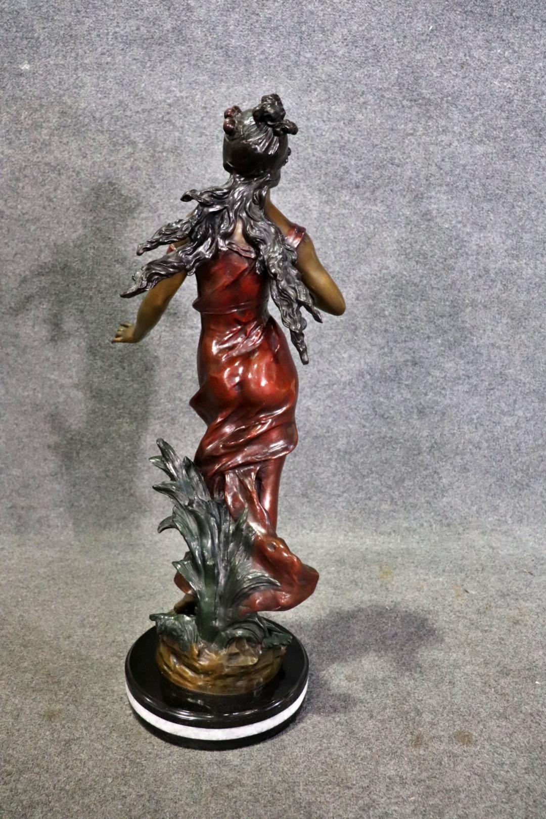 Late 20th Century Signed Polychromed Bronze Sculpture of Woman in a Dress after Auguste Moreau For Sale