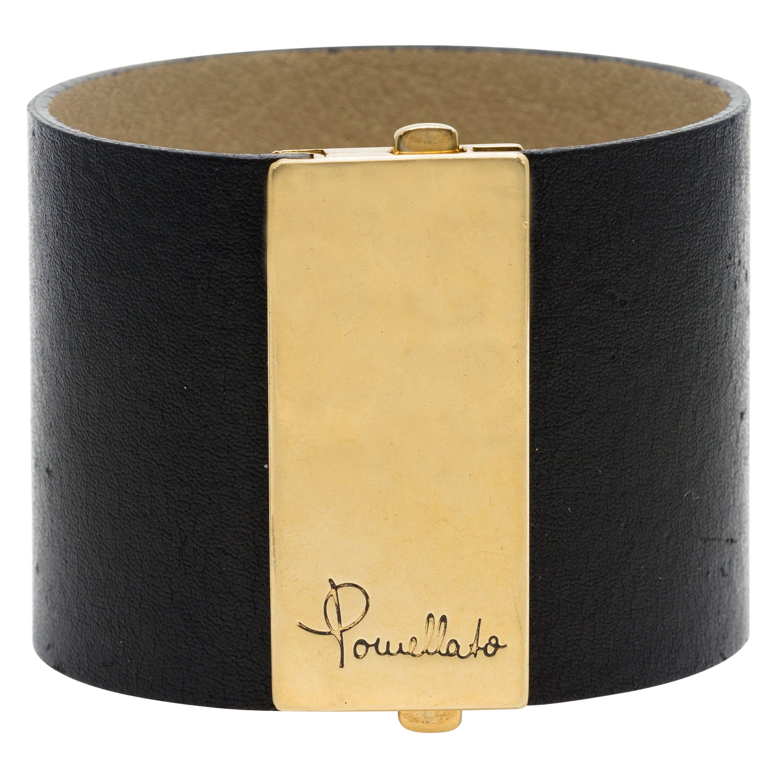 Signed Pomellato Leather Cuff Bracelet with Heavy 18 Karat Gold Buckle