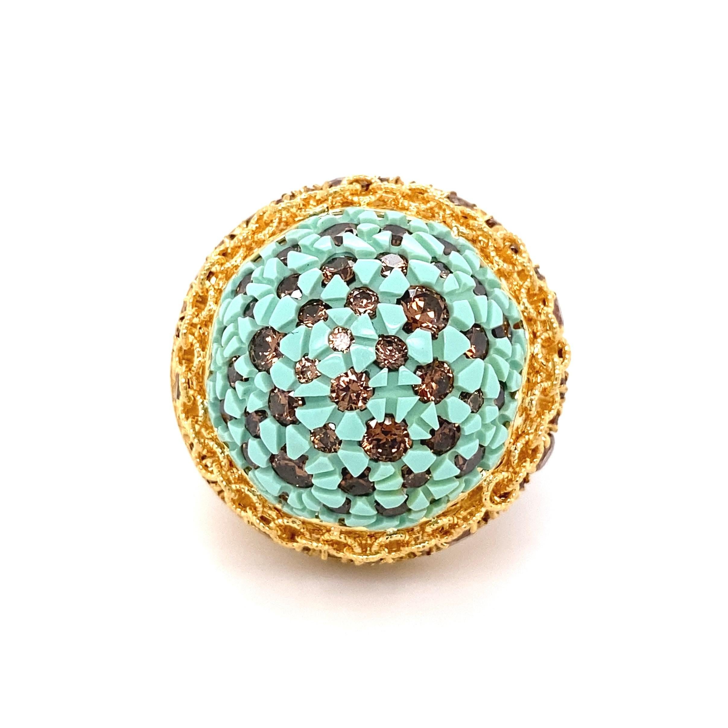 Fabulous Dome Ring featuring an Architectural Turquoise color Natural Resin center inter-spaced and Hand set with securely nestled, 76 Natural Pinkish Brown round Brilliant cut Diamonds weighing approx. 4.81tcw. Approx. dimensions: 1.20