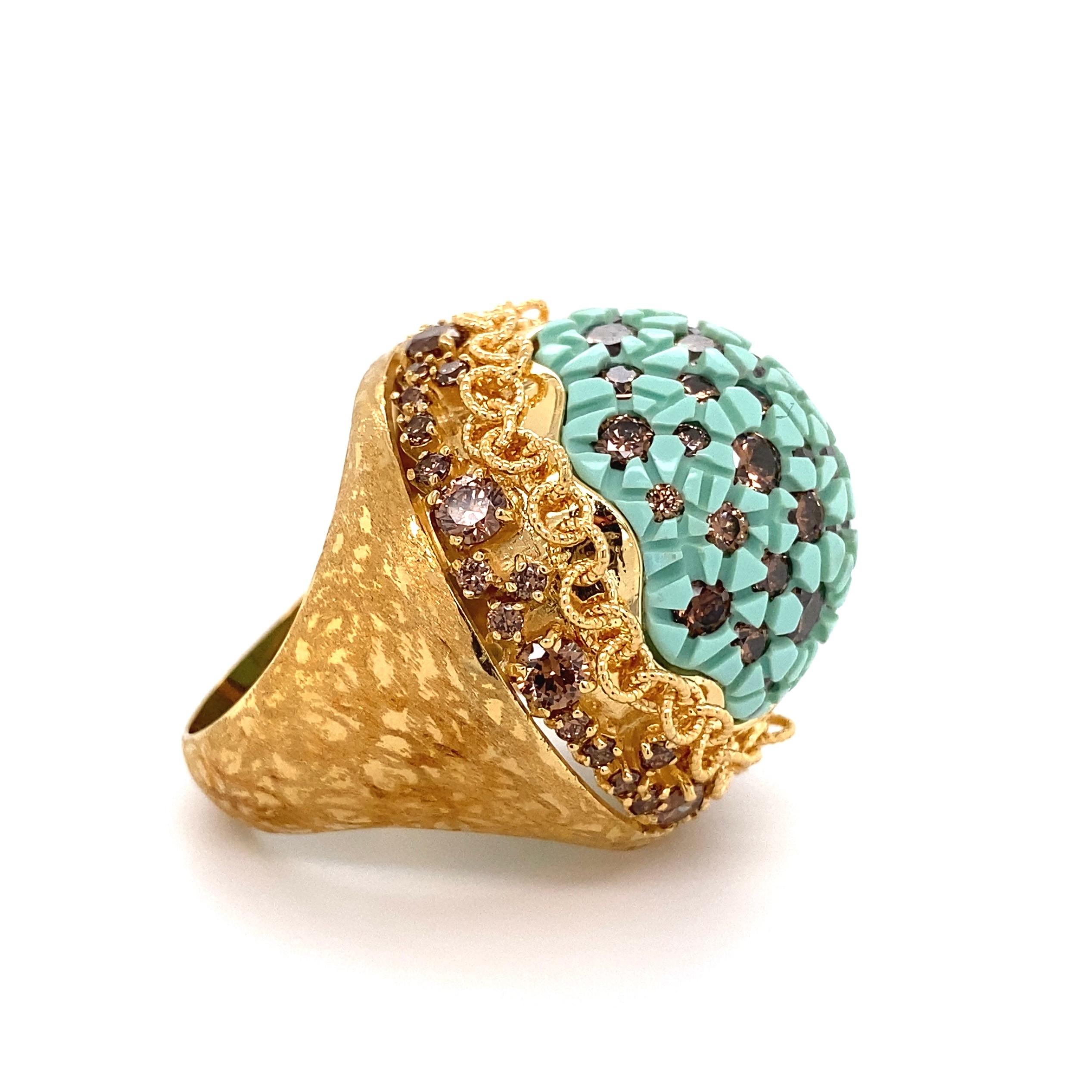 Artisan Signed Pomi Designer Resin and Diamond Gold Dome Ring Italy Estate Fine Jewelry