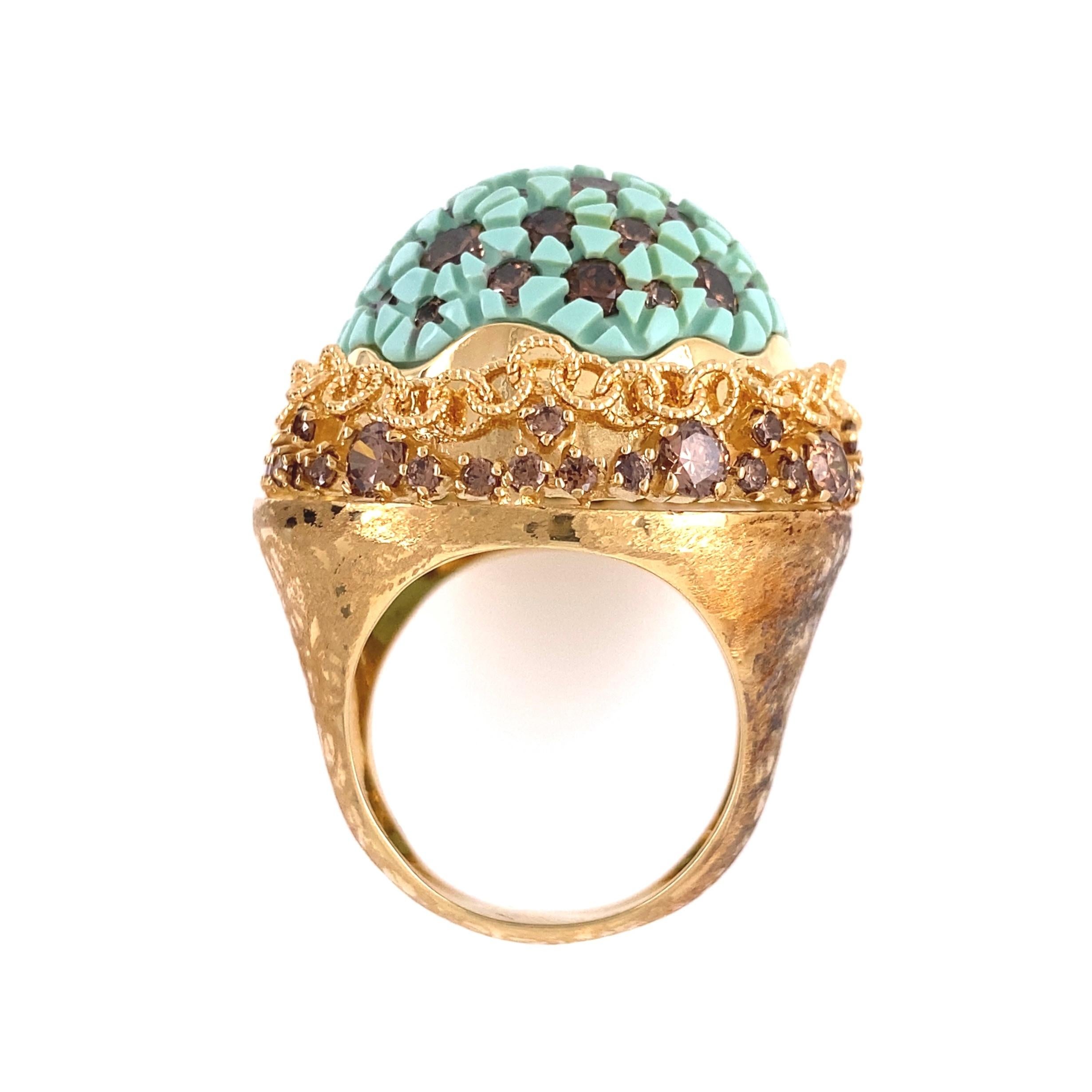 Brilliant Cut Signed Pomi Designer Resin and Diamond Gold Dome Ring Italy Estate Fine Jewelry