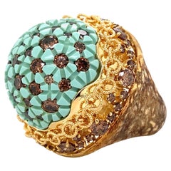 Signed Pomi Designer Resin and Diamond Gold Dome Ring Italy Estate Fine Jewelry