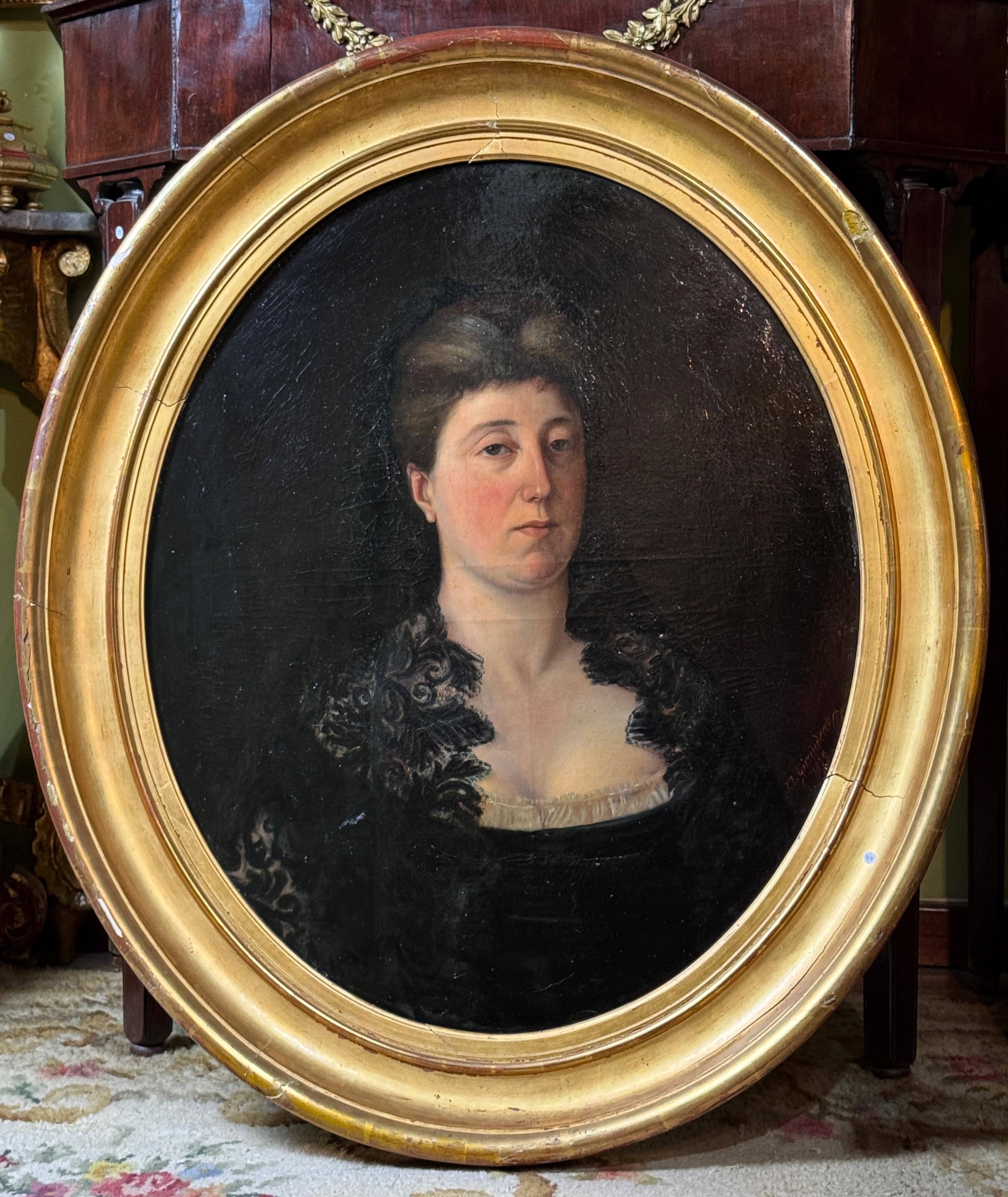 Signiertes Porträt einer baskischen Dame, 19. Jahrhundert
Öl auf Leinwand im ovalen Format, das eine baskische Dame mit feierlicher Haltung darstellt, die mit einer Mantille und schwarzer Spitze bekleidet ist, wie es für die lokale Tradition typisch