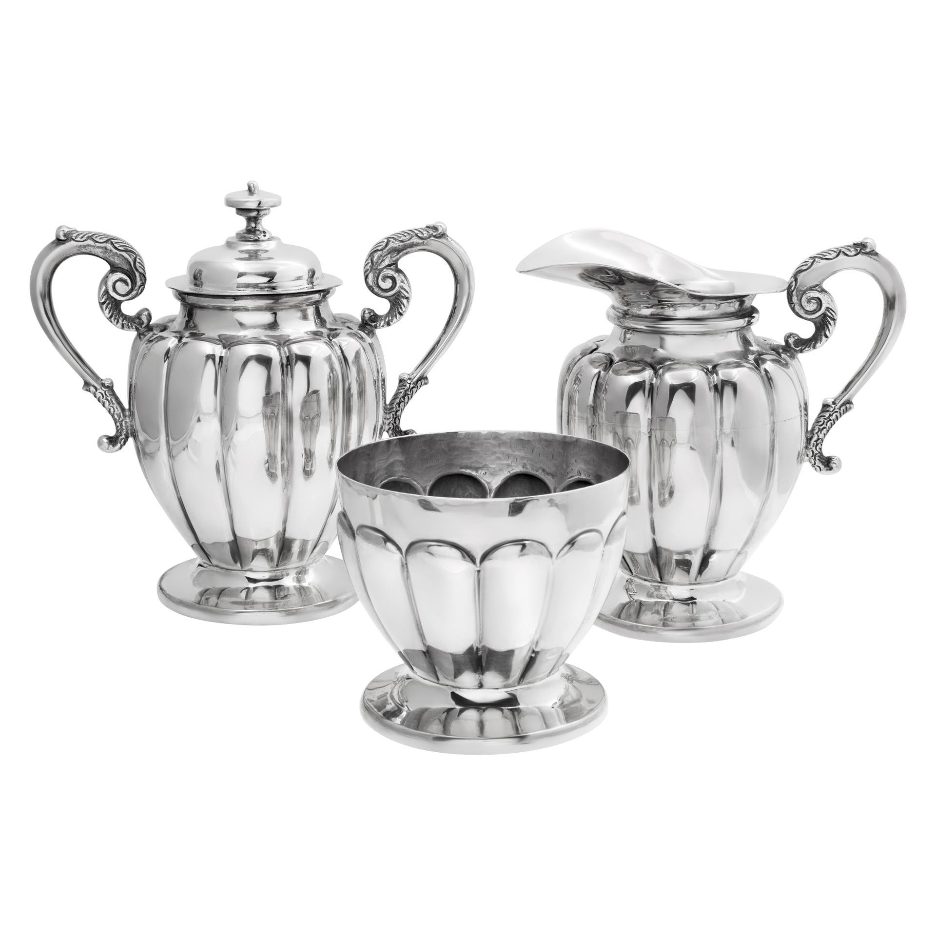 Vintage, PRIETO, Juarez Mexico, .950 sterling silver, hand hammered, 5 pieces Coffee/Tea set with large  presentation tray, total 218.21 ounces troy of .950 sterling silver. COFFEE POT: 9 1/2 x 8 3/4