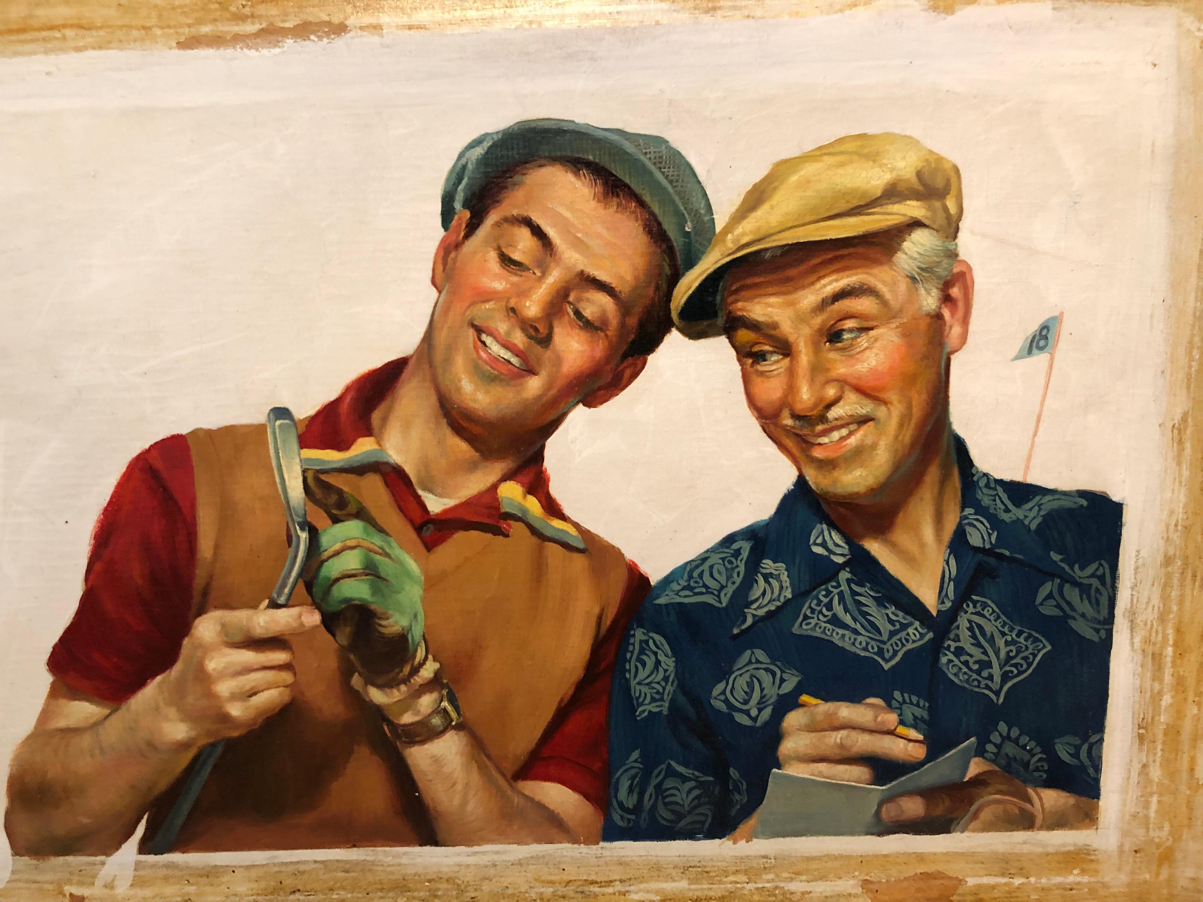 Mid-Century moderno Quadro di giocatori di golf in stile Norman Rockwell firmato da Victor Olson in vendita