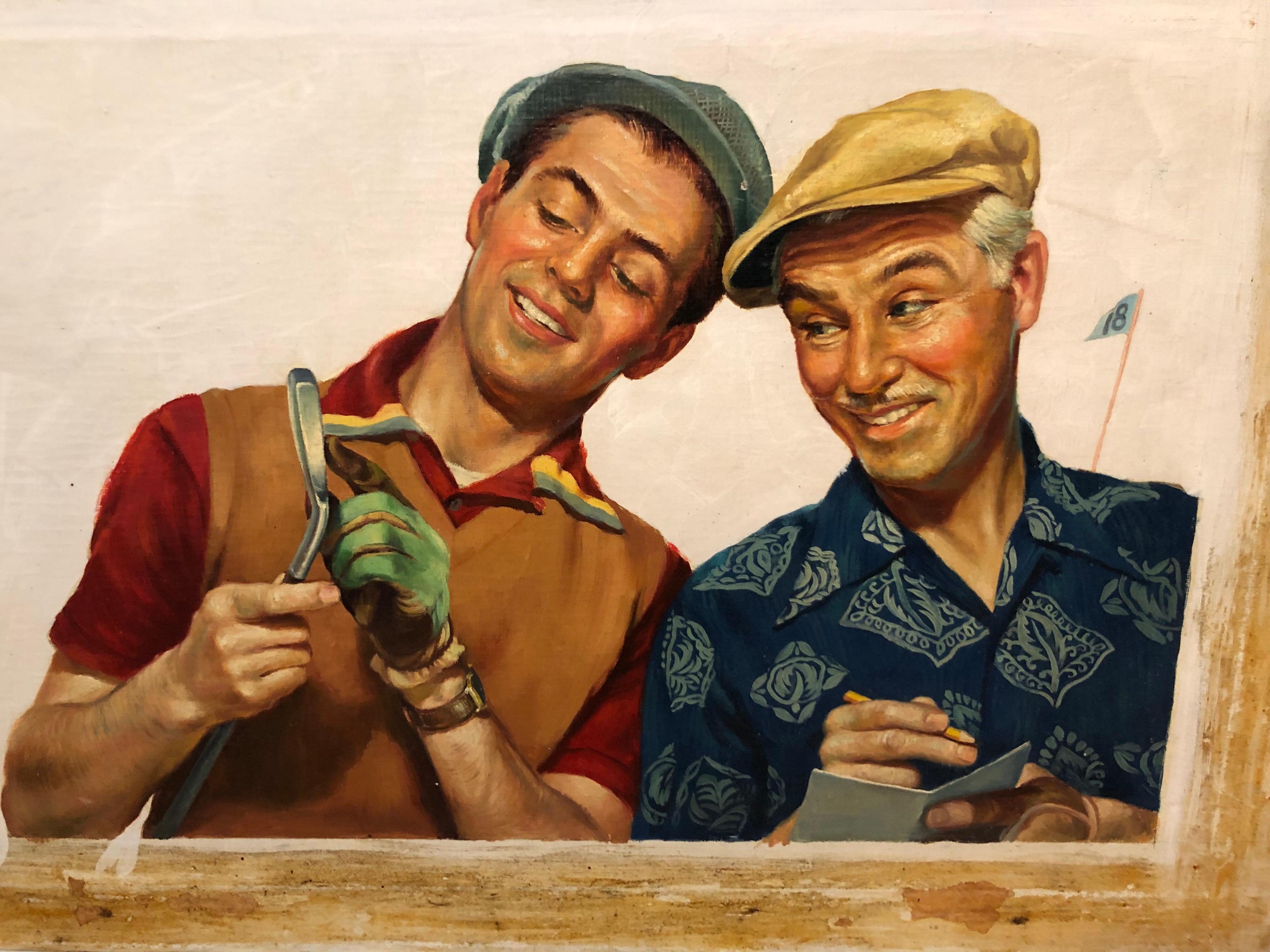 Americano Quadro di giocatori di golf in stile Norman Rockwell firmato da Victor Olson in vendita