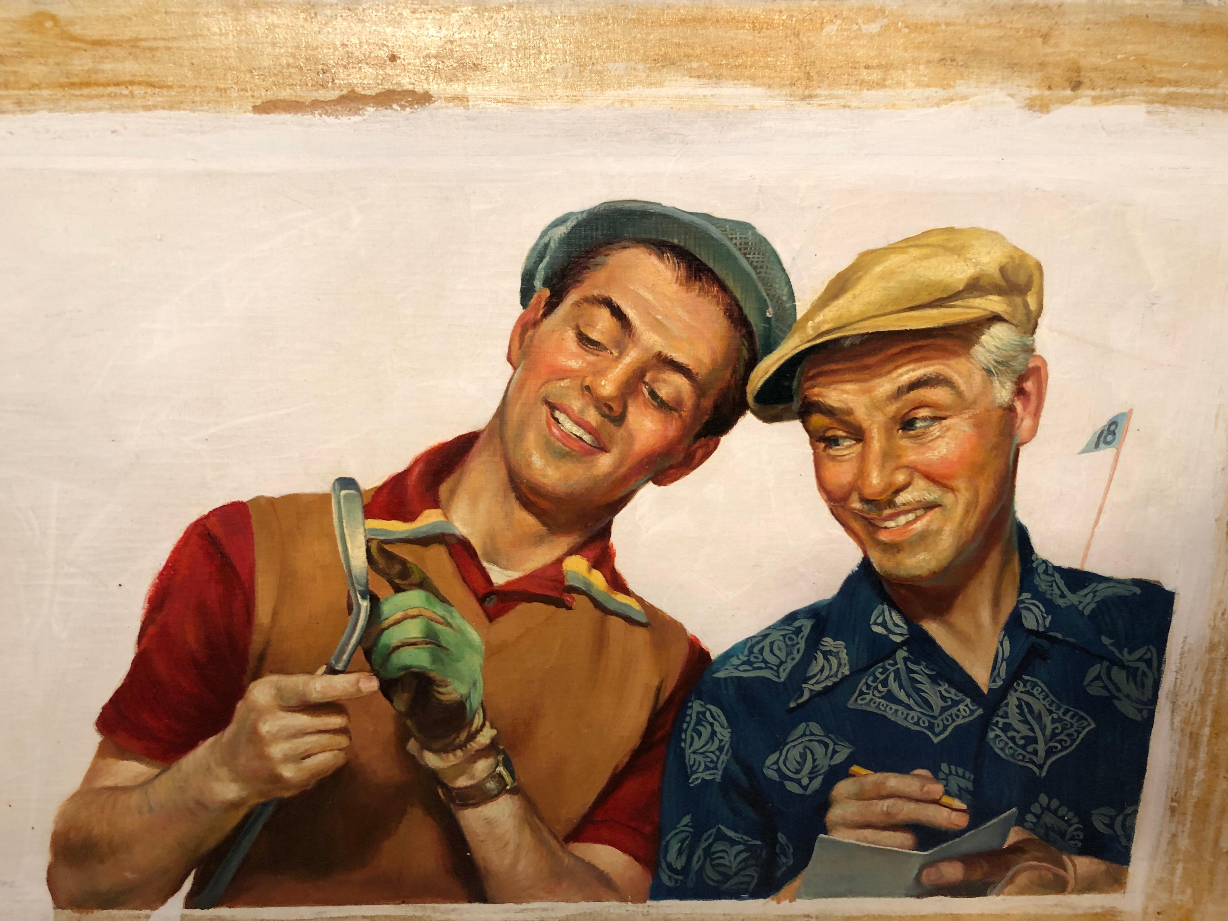 Tela Quadro di giocatori di golf in stile Norman Rockwell firmato da Victor Olson in vendita