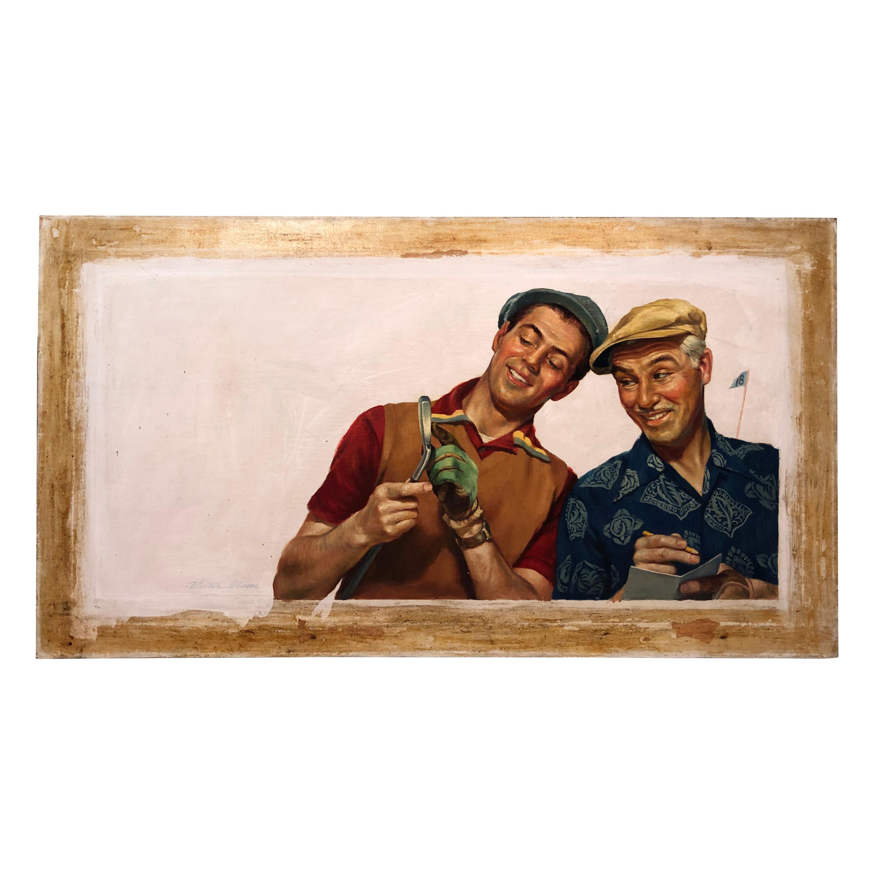 Signed Norman Rockwell Style Painting of Golfers by Victor Olsen