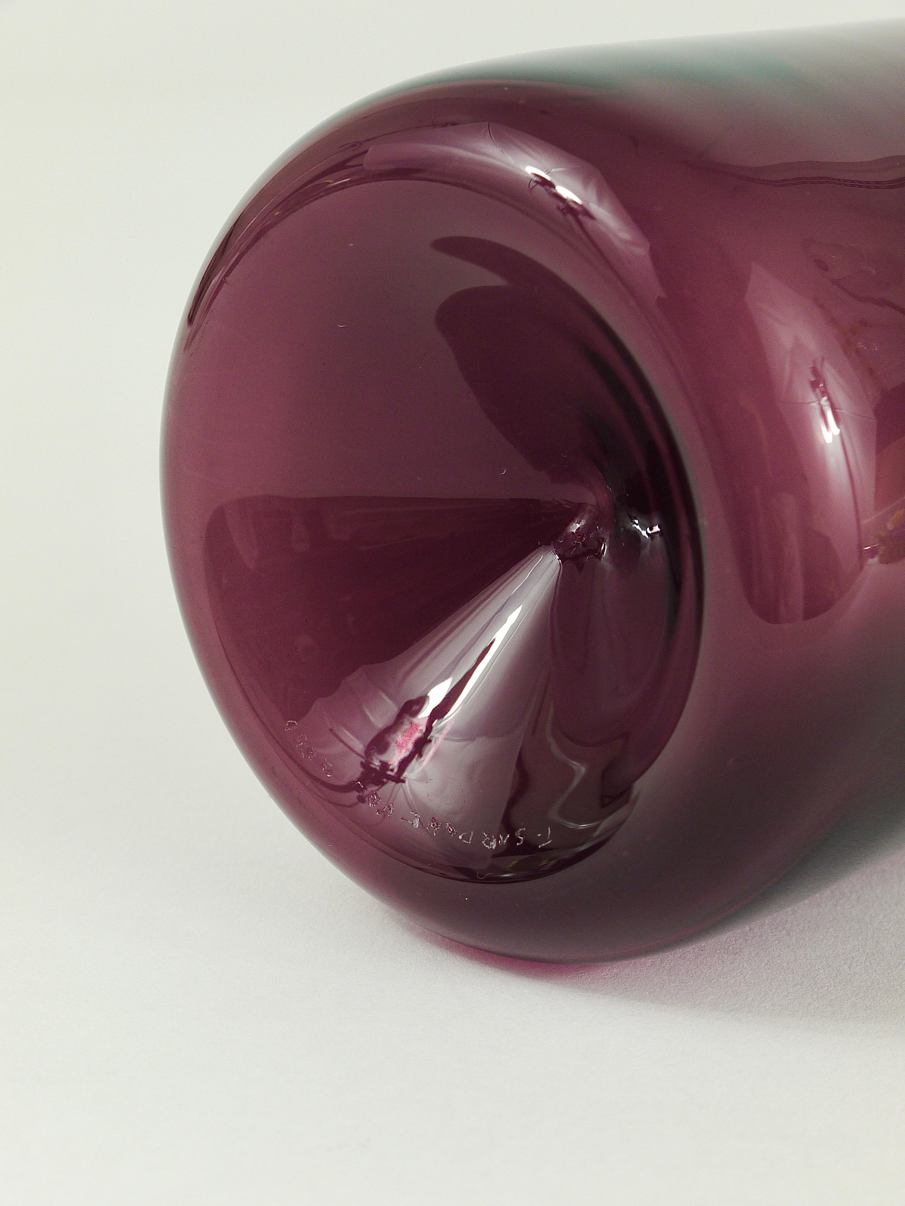 Finnish Signed Purple Timo Sarpaneva Pullo Bird Bottle Glass Vase, Iittala, Finland For Sale