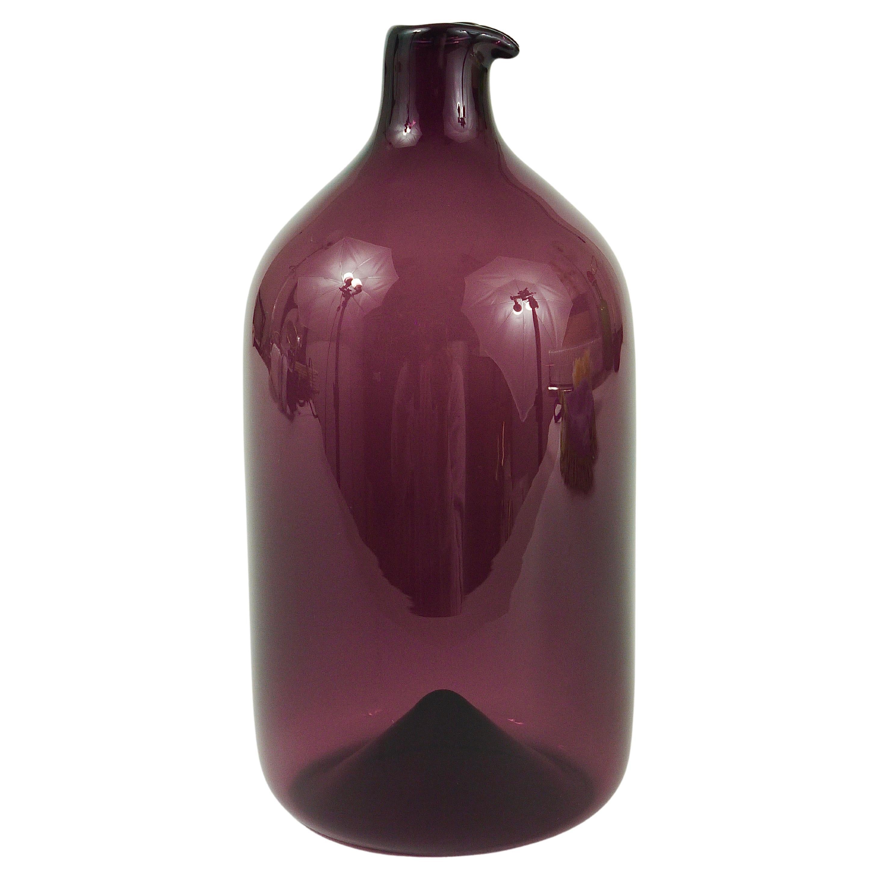 Signed Purple Timo Sarpaneva Pullo Bird Bottle Glass Vase, Iittala, Finland