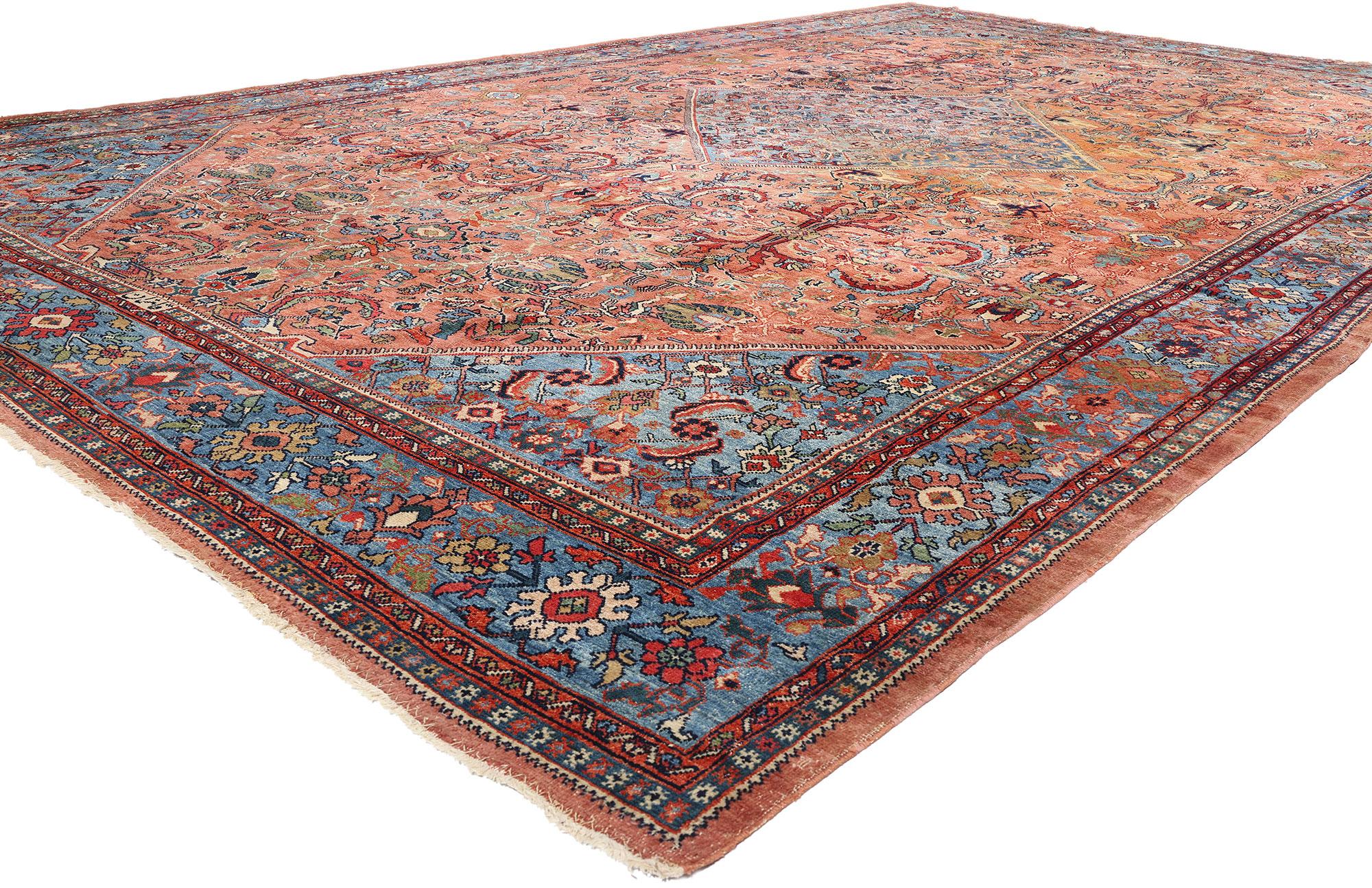 90020 Signierter antiker persischer Sultanabad-Teppich, 10'00 x 17'06. Dieser antike persische Sultanabad-Teppich aus handgeknüpfter Wolle ist ein fesselndes Meisterwerk von entspannter Raffinesse und modernem, rustikalem Charme. Die Komposition